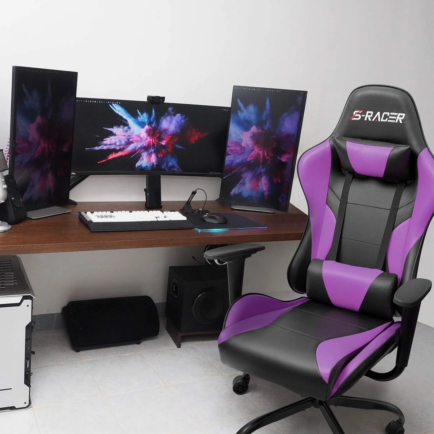 Homall Gaming Office Computer Chair - High Back Racing Desk PU Leather Adjustable Seat Height Swivel Ergonomic Executive With Headrest for Adults (Violet)