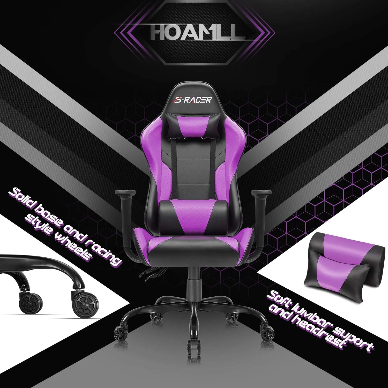 Homall Gaming Office Computer Chair - High Back Racing Desk PU Leather Adjustable Seat Height Swivel Ergonomic Executive With Headrest for Adults (Violet)