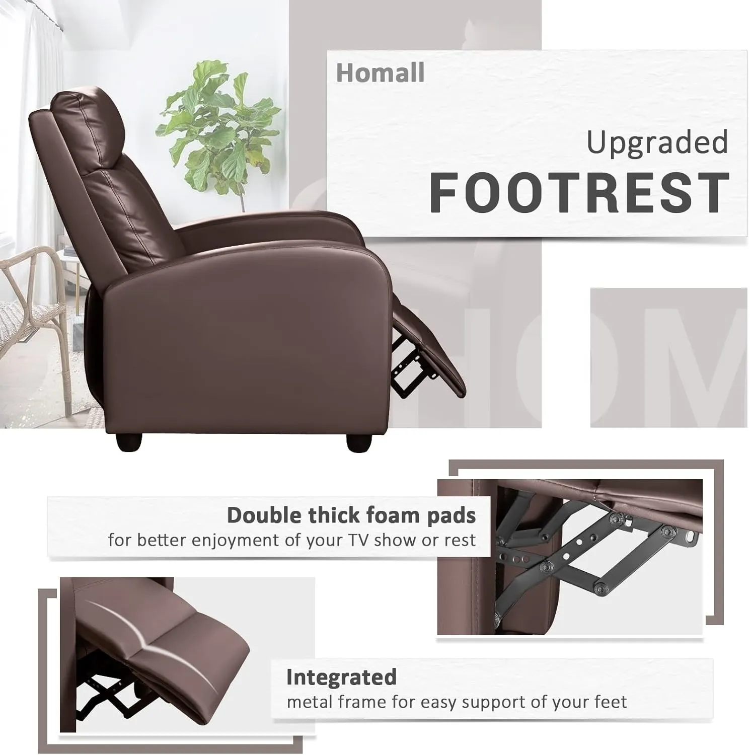 Homall Recliner Chair, Recliner Sofa for Adults, Recliners Home Theater Seating with Lumbar Support, Reclining Sofa Chair for Living Room (Leather, Brown)