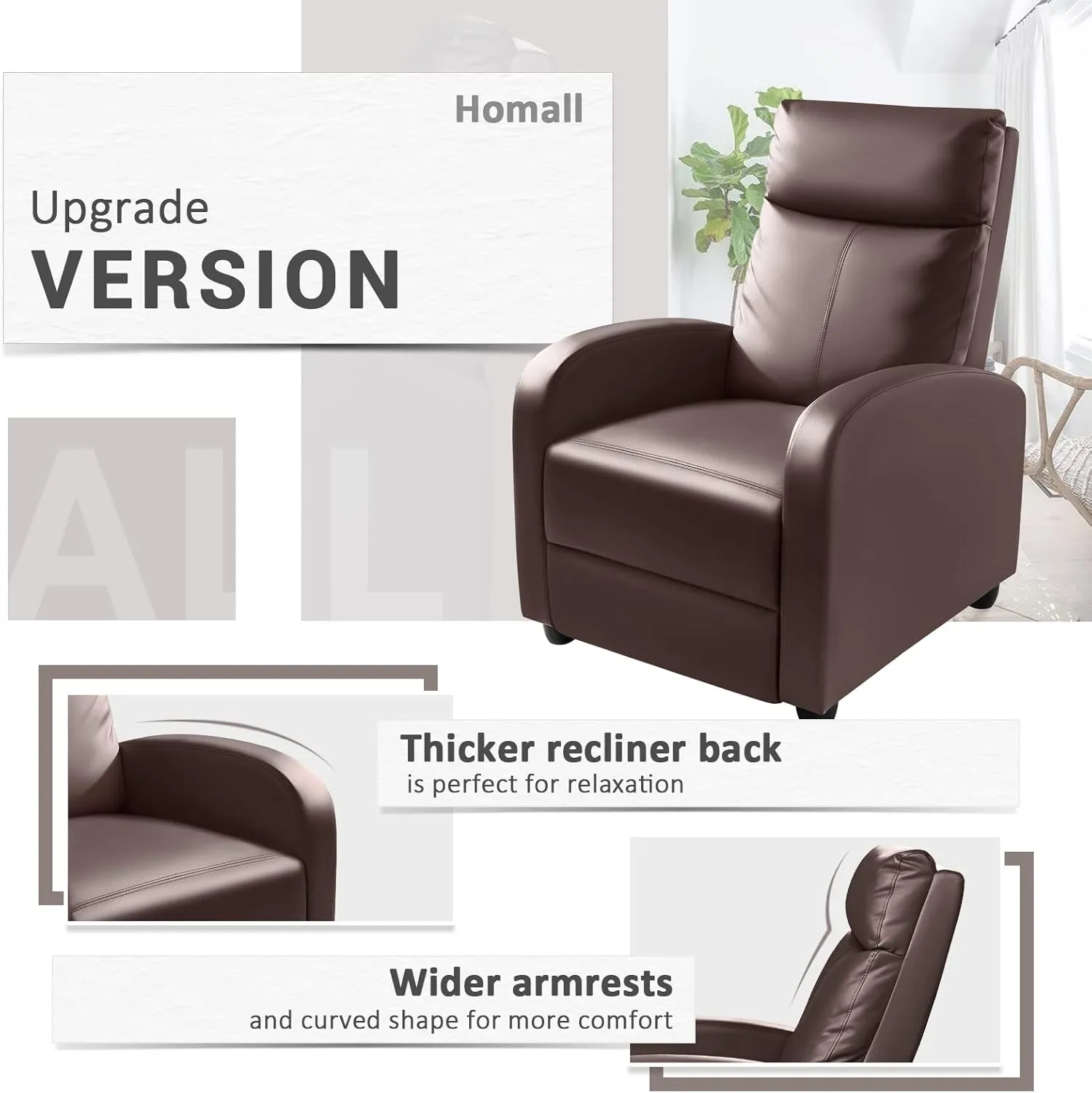 Homall Recliner Chair, Recliner Sofa for Adults, Recliners Home Theater Seating with Lumbar Support, Reclining Sofa Chair for Living Room (Leather, Brown)