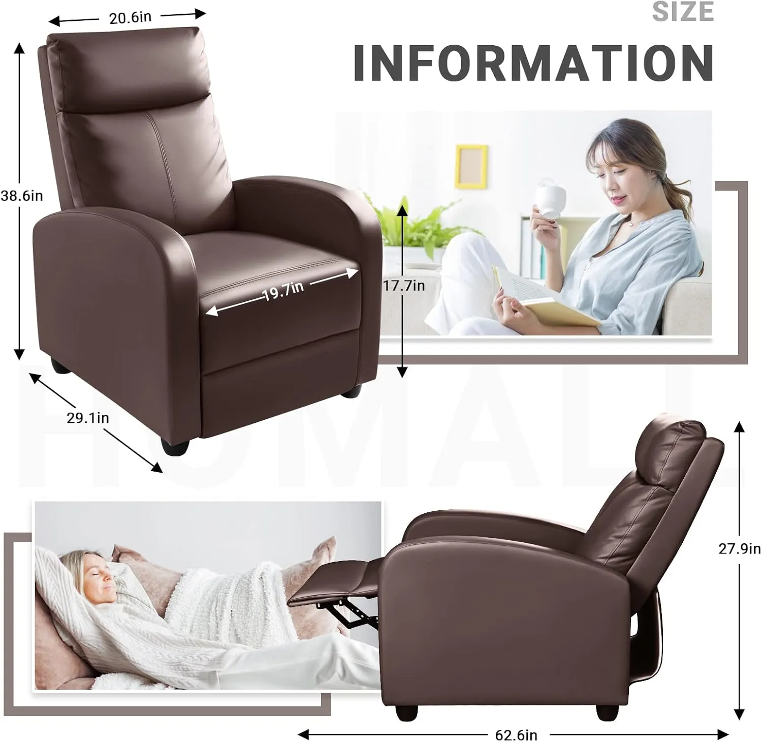 Homall Recliner Chair, Recliner Sofa for Adults, Recliners Home Theater Seating with Lumbar Support, Reclining Sofa Chair for Living Room (Leather, Brown)
