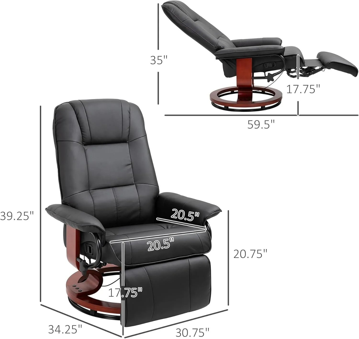HOMCOM Faux Leather Manual Recliner, Adjustable Swivel Lounge Chair with Footrest, Armrest and Wrapped Wood Base for Living Room, Black