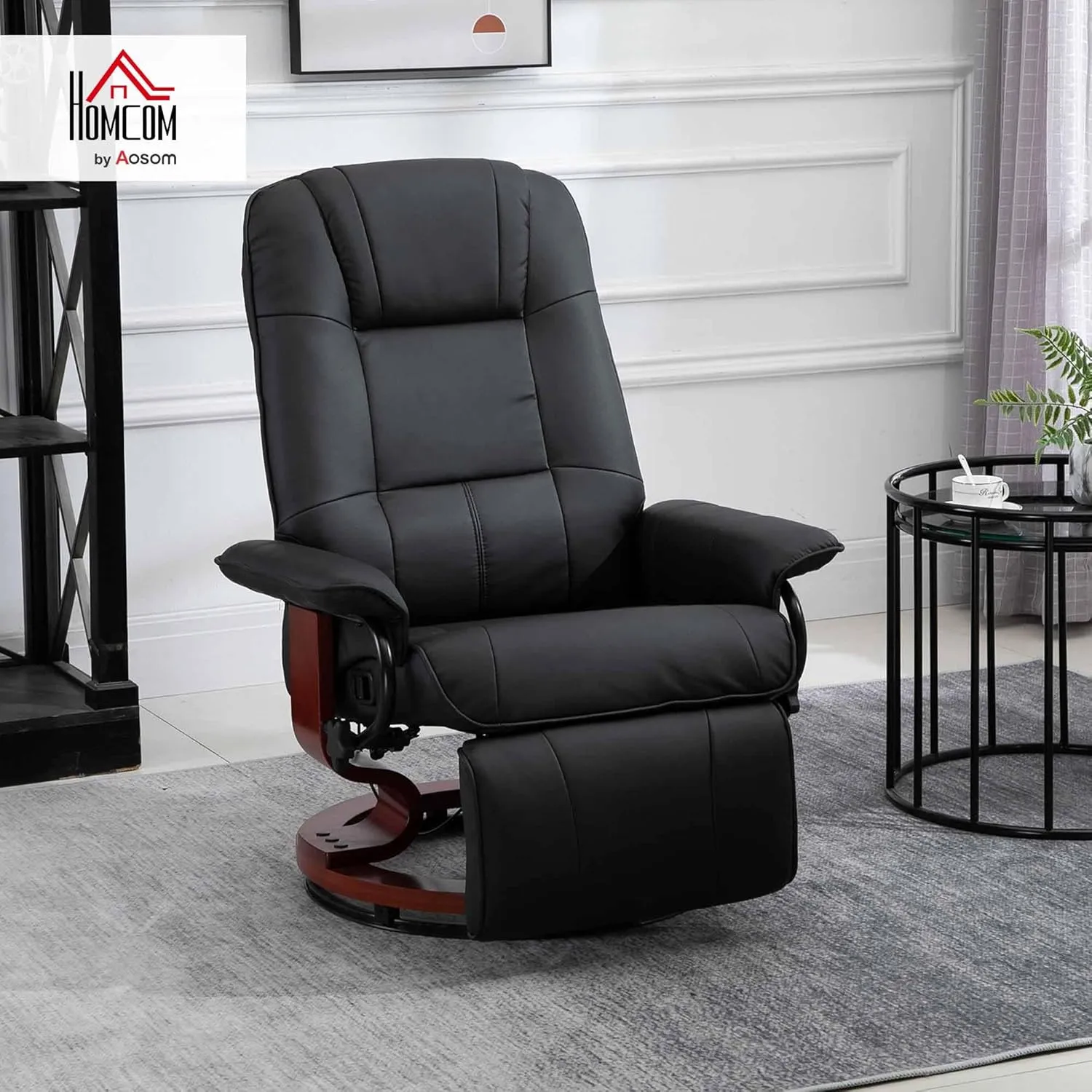 HOMCOM Faux Leather Manual Recliner, Adjustable Swivel Lounge Chair with Footrest, Armrest and Wrapped Wood Base for Living Room, Black