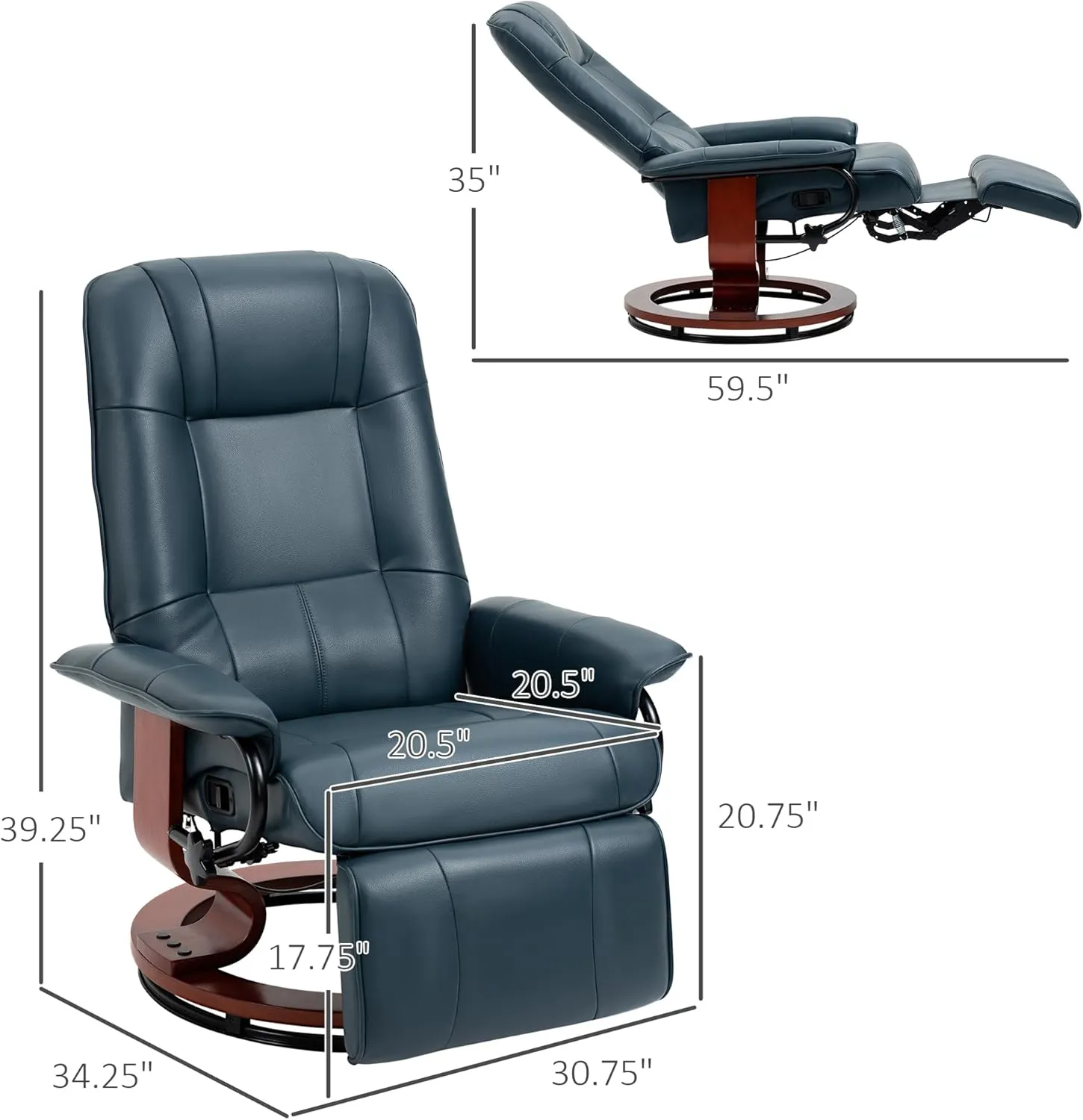 HOMCOM Faux Leather Manual Recliner, Adjustable Swivel Lounge Chair with Footrest, Armrest and Wrapped Wood Base for Living Room, Blue