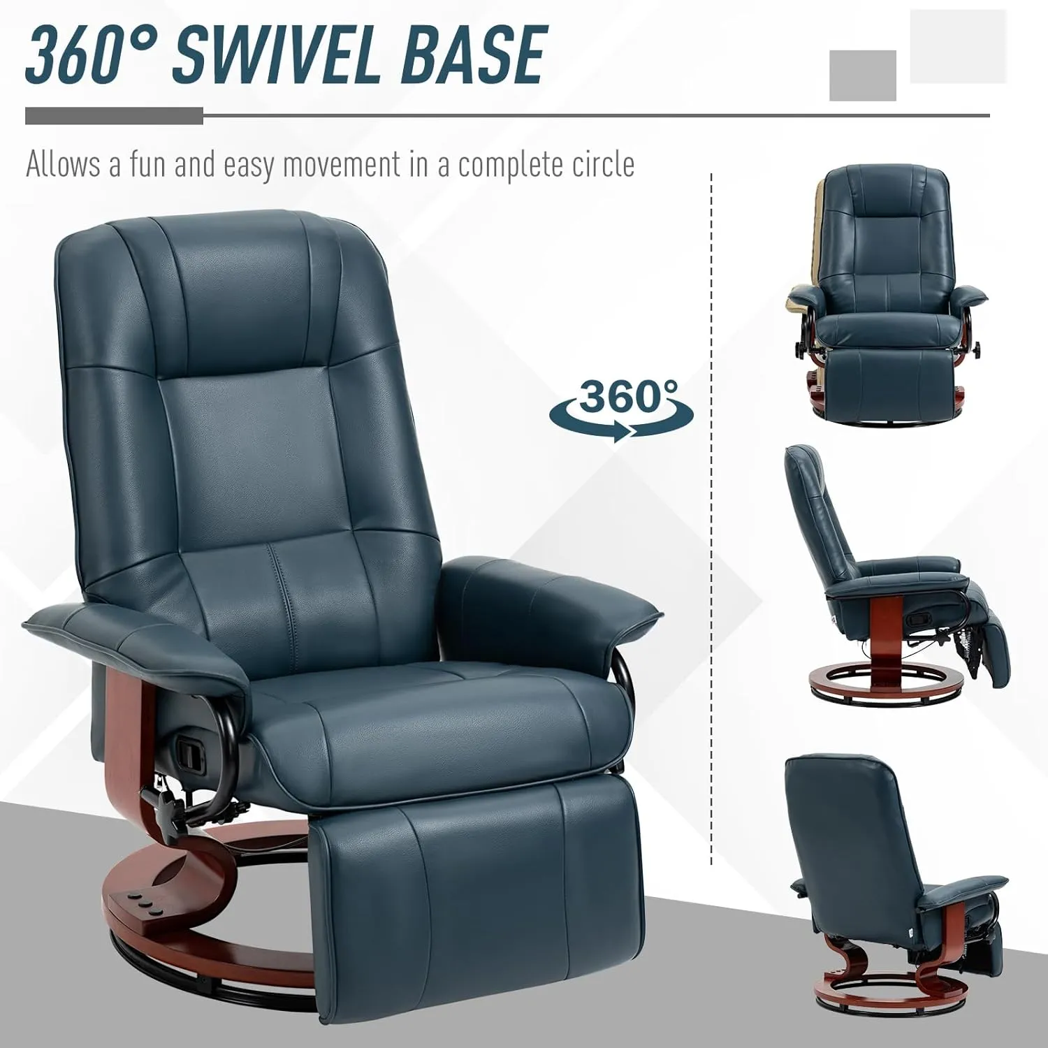 HOMCOM Faux Leather Manual Recliner, Adjustable Swivel Lounge Chair with Footrest, Armrest and Wrapped Wood Base for Living Room, Blue