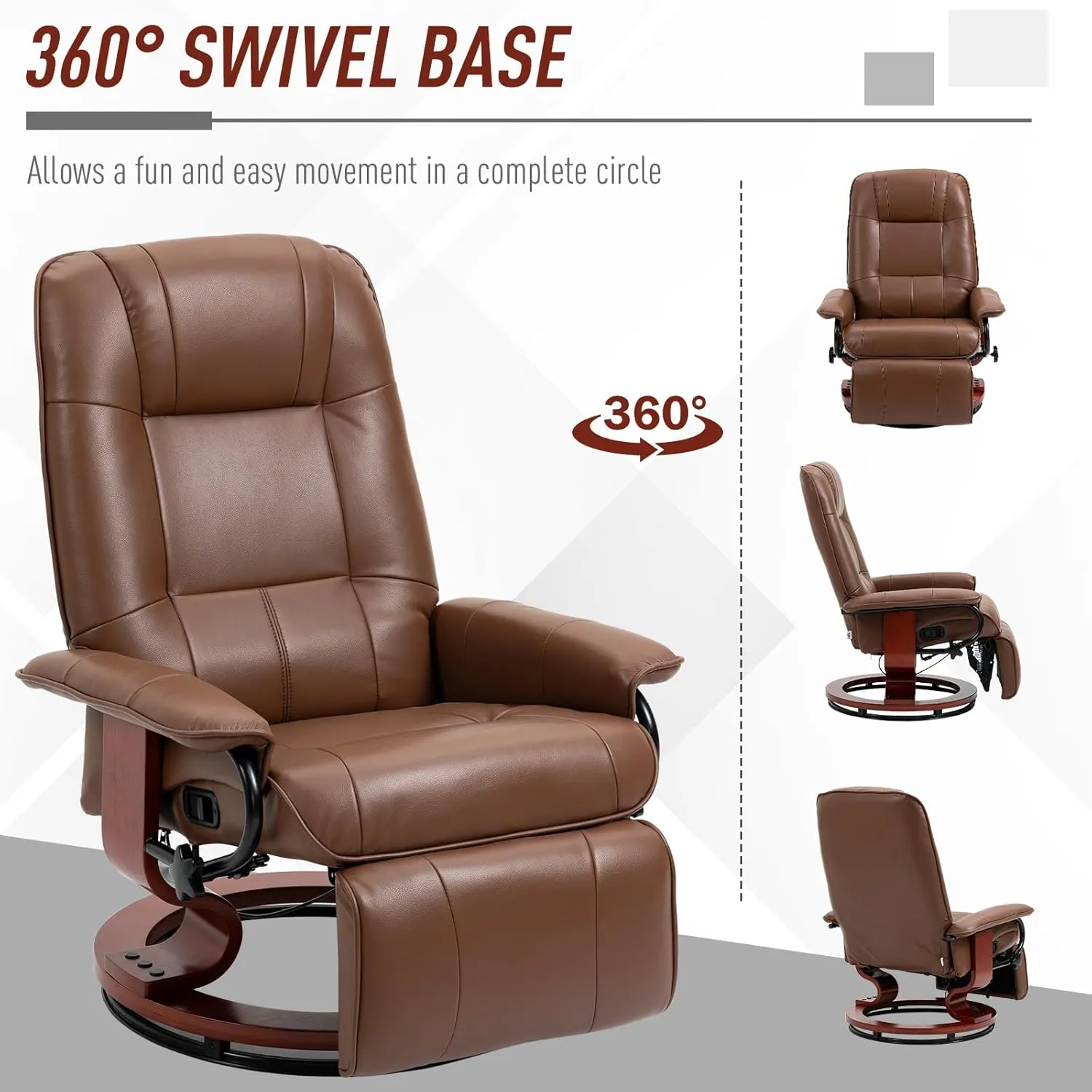 HOMCOM Faux Leather Manual Recliner, Adjustable Swivel Lounge Chair with Footrest, Armrest and Wrapped Wood Base for Living Room, Brown