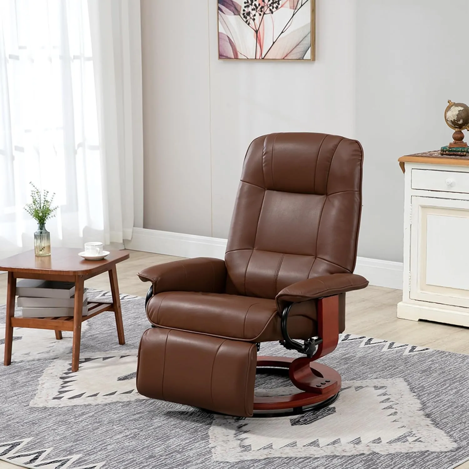 HOMCOM Faux Leather Manual Recliner, Adjustable Swivel Lounge Chair with Footrest, Armrest and Wrapped Wood Base for Living Room, Brown