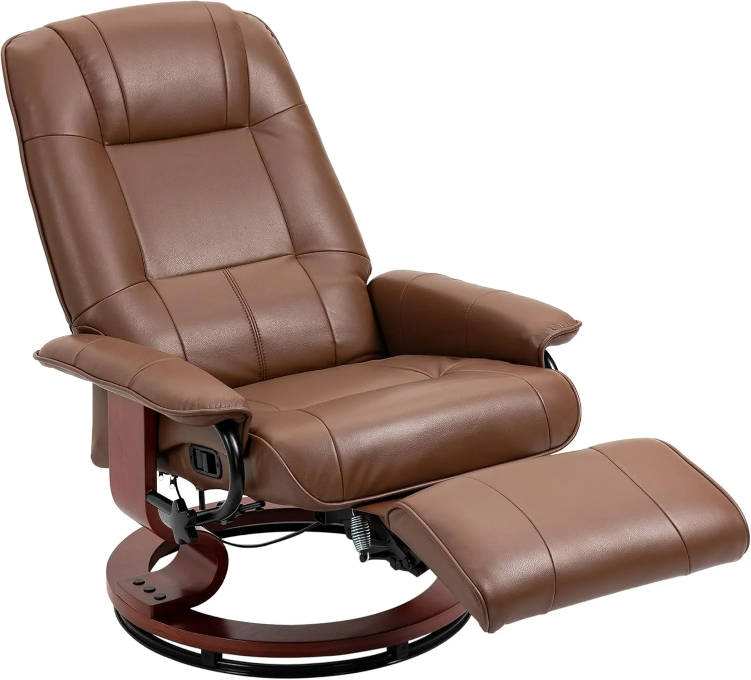 HOMCOM Faux Leather Manual Recliner, Adjustable Swivel Lounge Chair with Footrest, Armrest and Wrapped Wood Base for Living Room, Brown