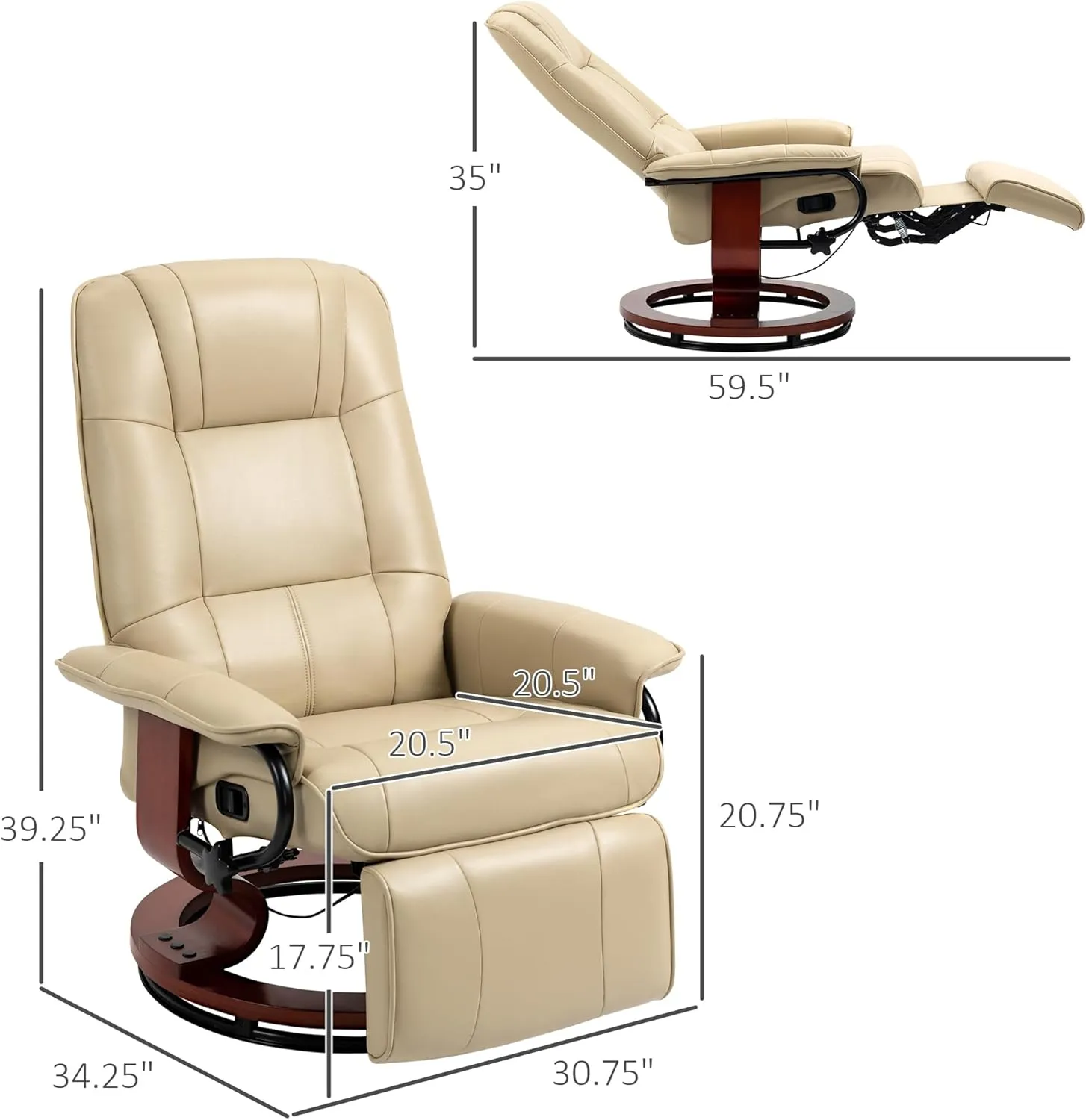 HOMCOM Faux Leather Manual Recliner, Adjustable Swivel Lounge Chair with Footrest, Armrest and Wrapped Wood Base for Living Room, Cream White