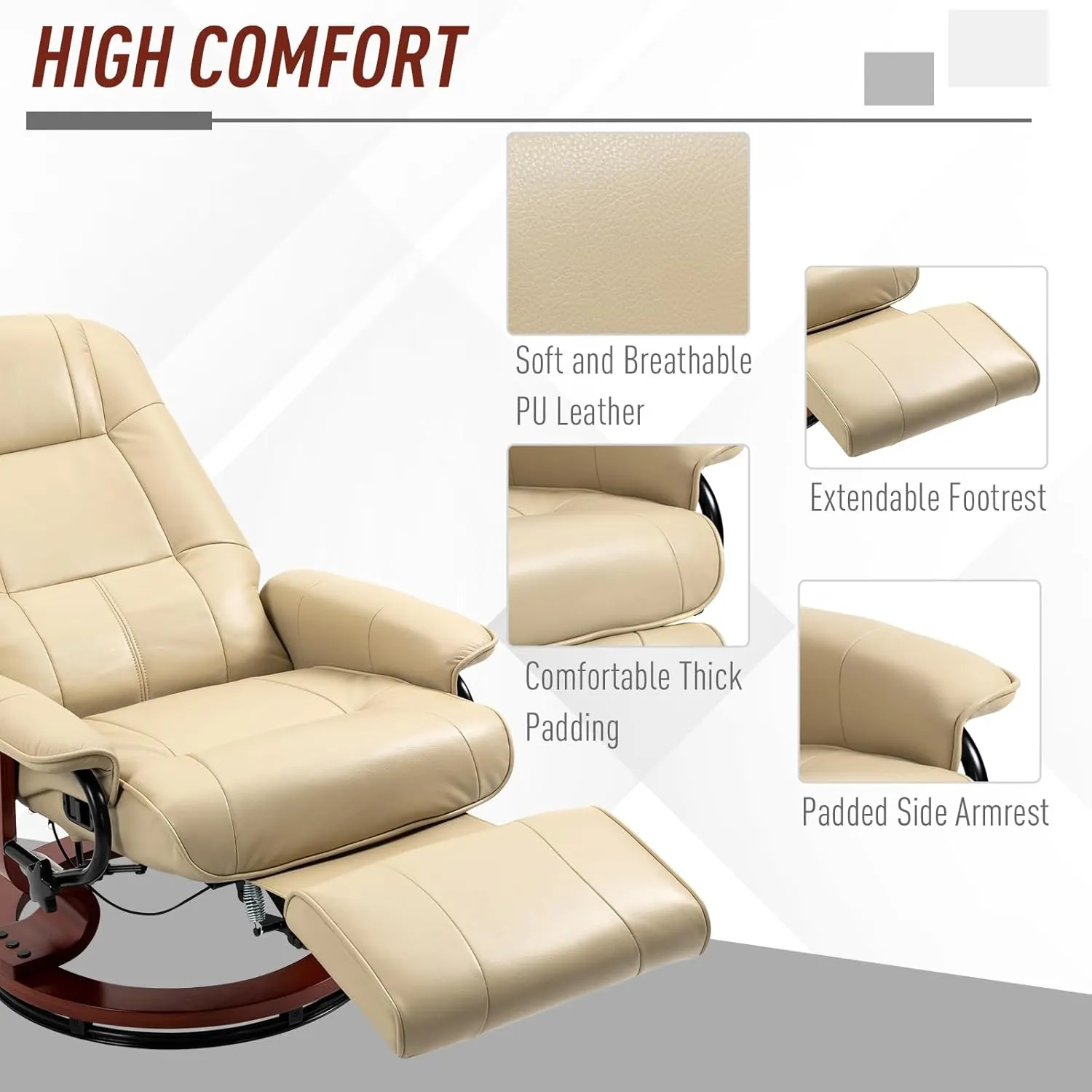 HOMCOM Faux Leather Manual Recliner, Adjustable Swivel Lounge Chair with Footrest, Armrest and Wrapped Wood Base for Living Room, Cream White
