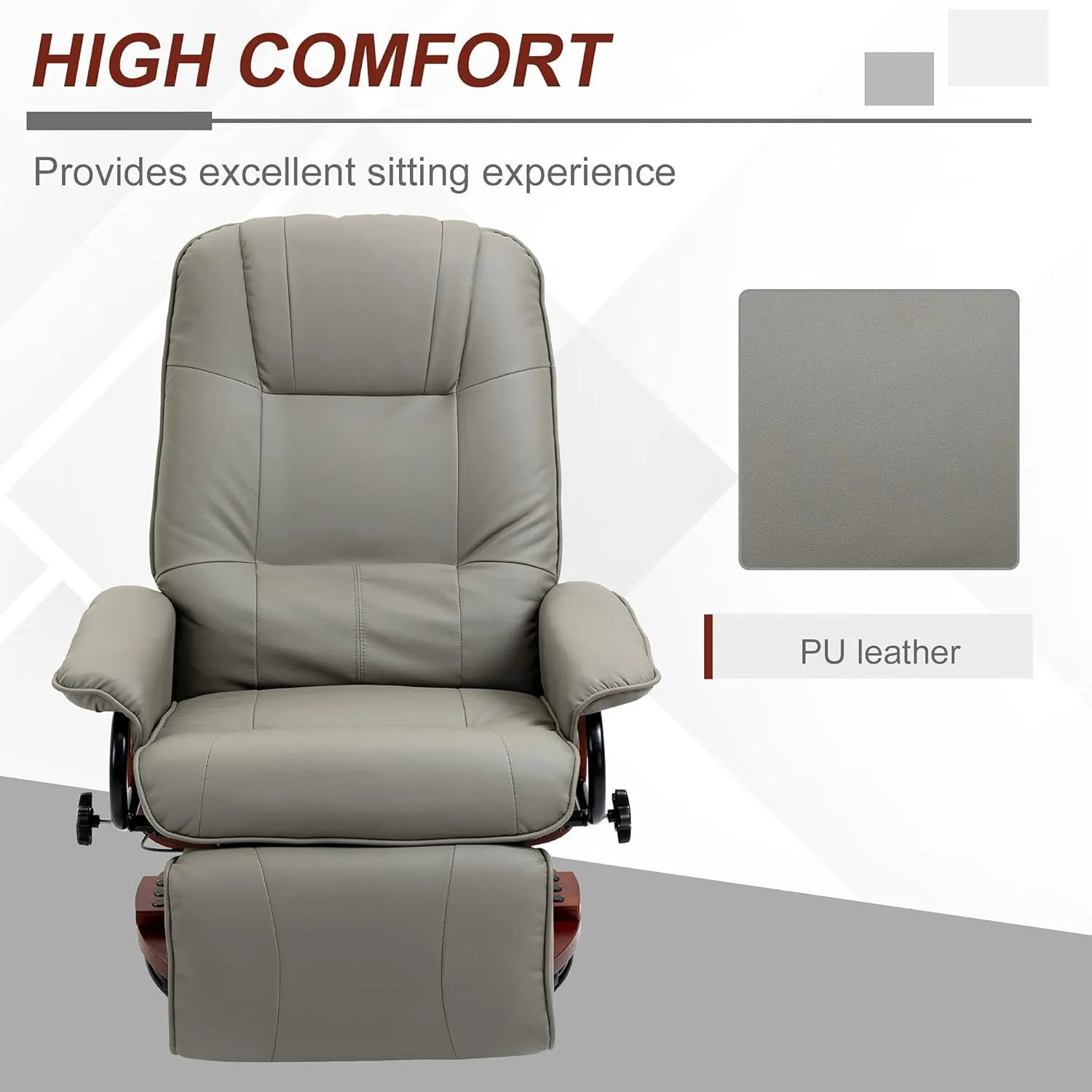 HOMCOM Faux Leather Manual Recliner, Adjustable Swivel Lounge Chair with Footrest, Armrest and Wrapped Wood Base for Living Room, Gray