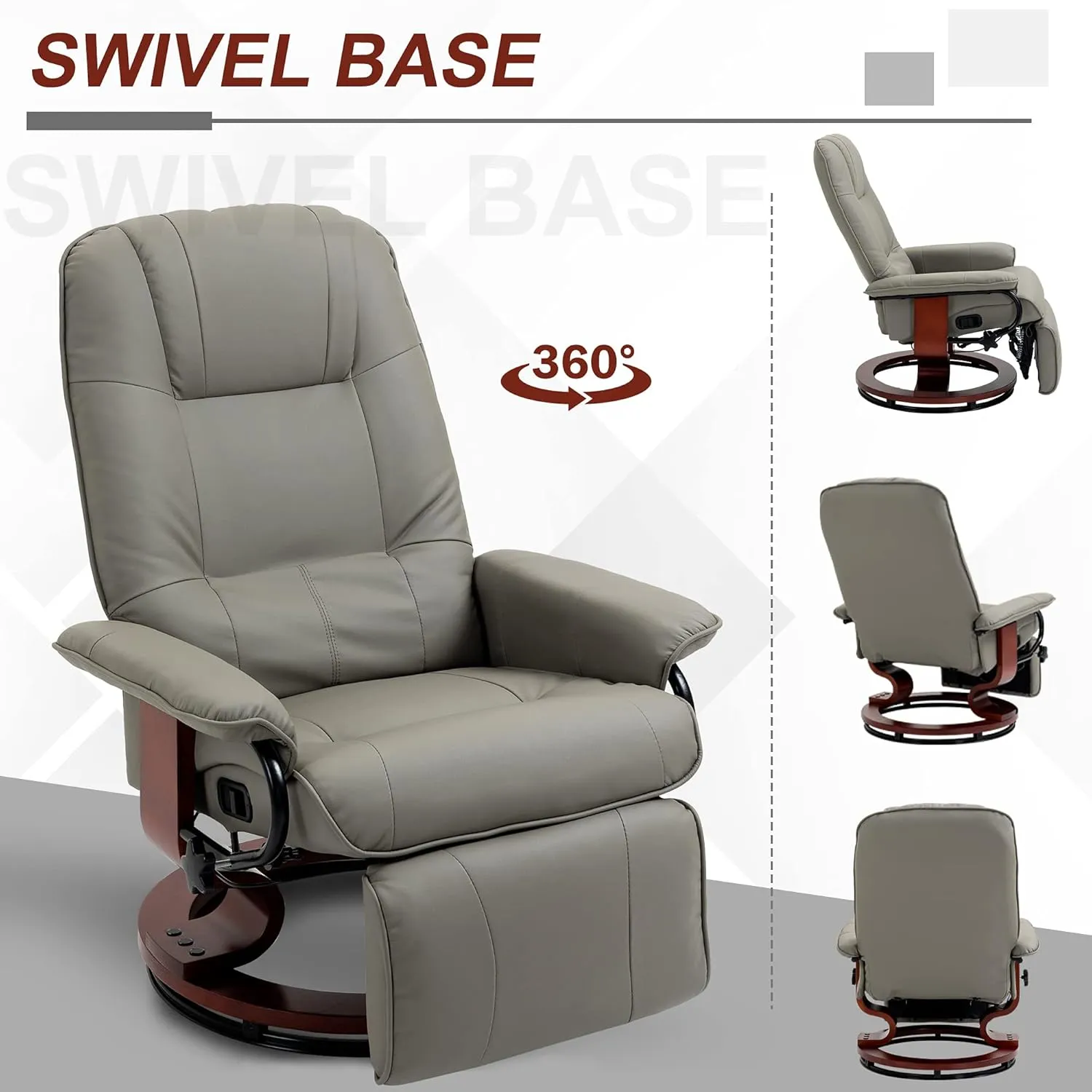 HOMCOM Faux Leather Manual Recliner, Adjustable Swivel Lounge Chair with Footrest, Armrest and Wrapped Wood Base for Living Room, Gray