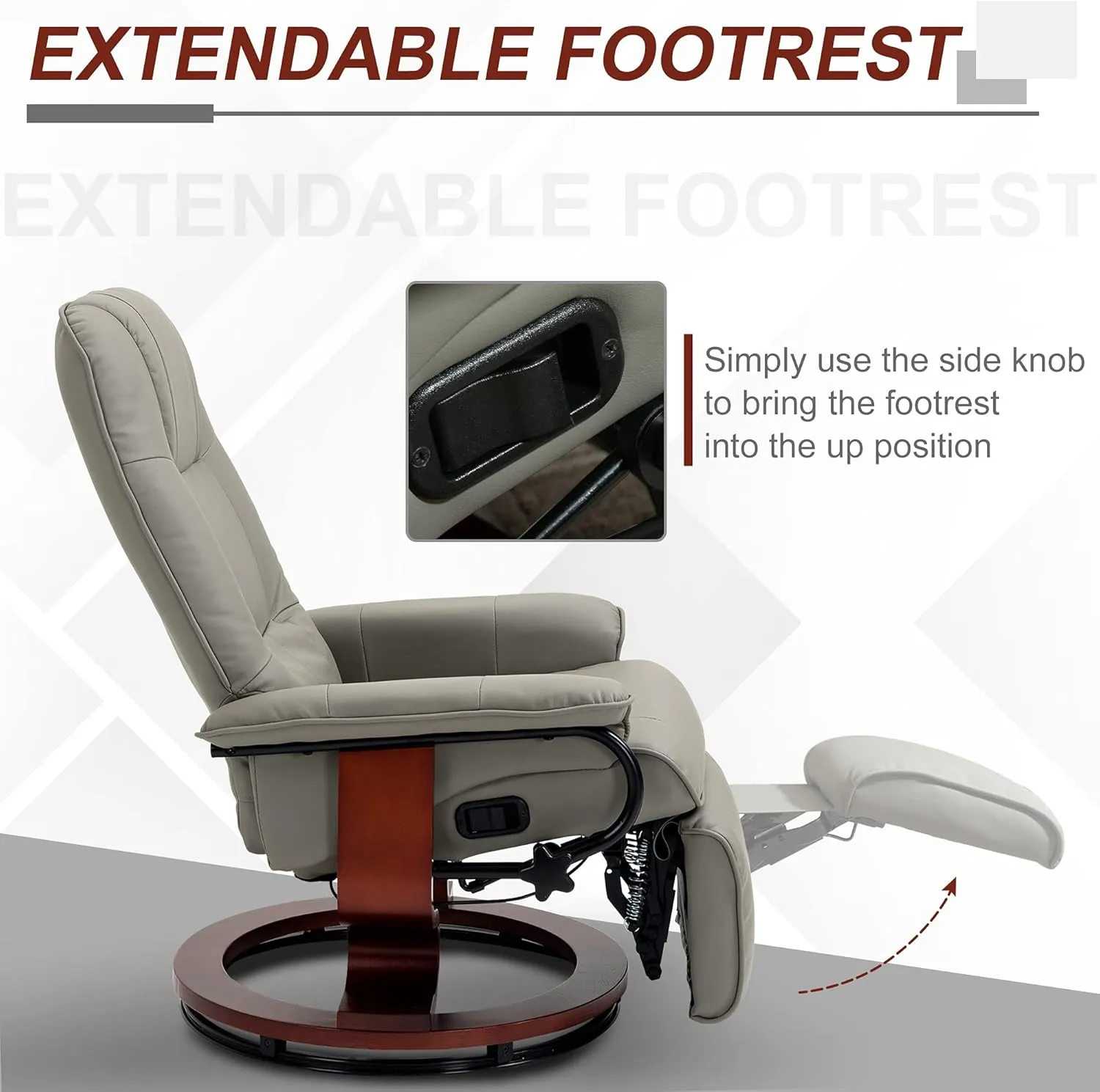 HOMCOM Faux Leather Manual Recliner, Adjustable Swivel Lounge Chair with Footrest, Armrest and Wrapped Wood Base for Living Room, Gray