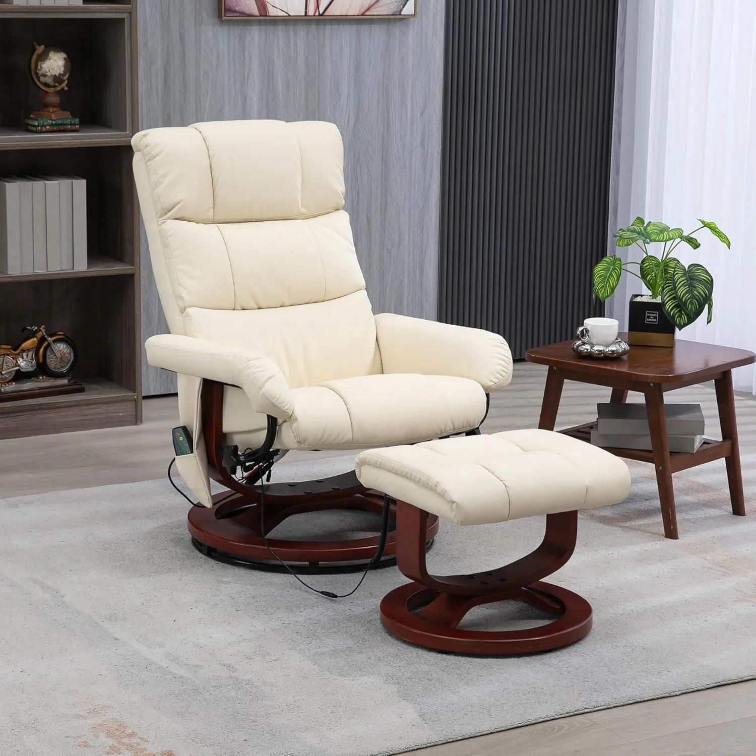 HOMCOM Massage Recliner Chair with Ottoman, Swivel Recliner and Footrest, Faux Leather Reclining Chair with Remote Control, 10 Vibration Point and Side Pocket, Cream White