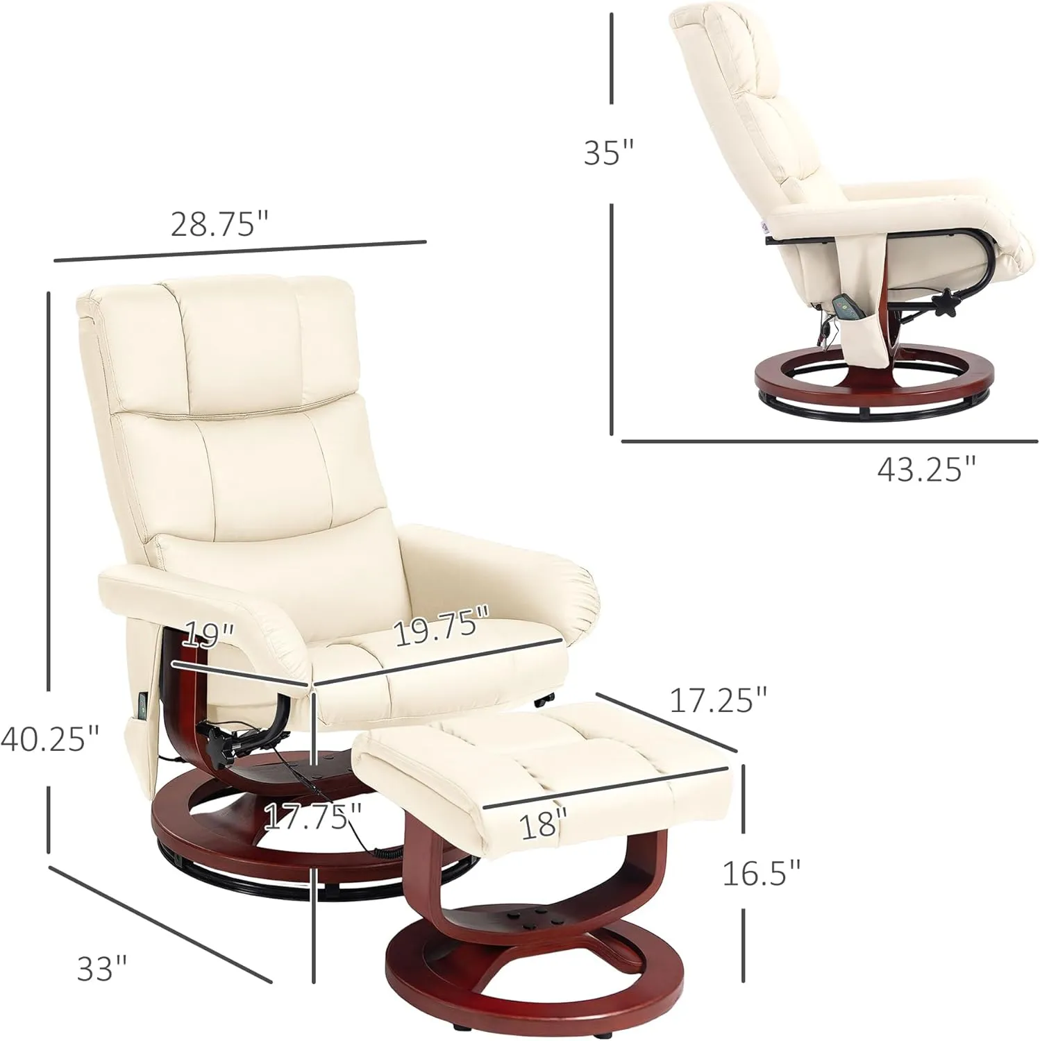 HOMCOM Massage Recliner Chair with Ottoman, Swivel Recliner and Footrest, Faux Leather Reclining Chair with Remote Control, 10 Vibration Point and Side Pocket, Cream White