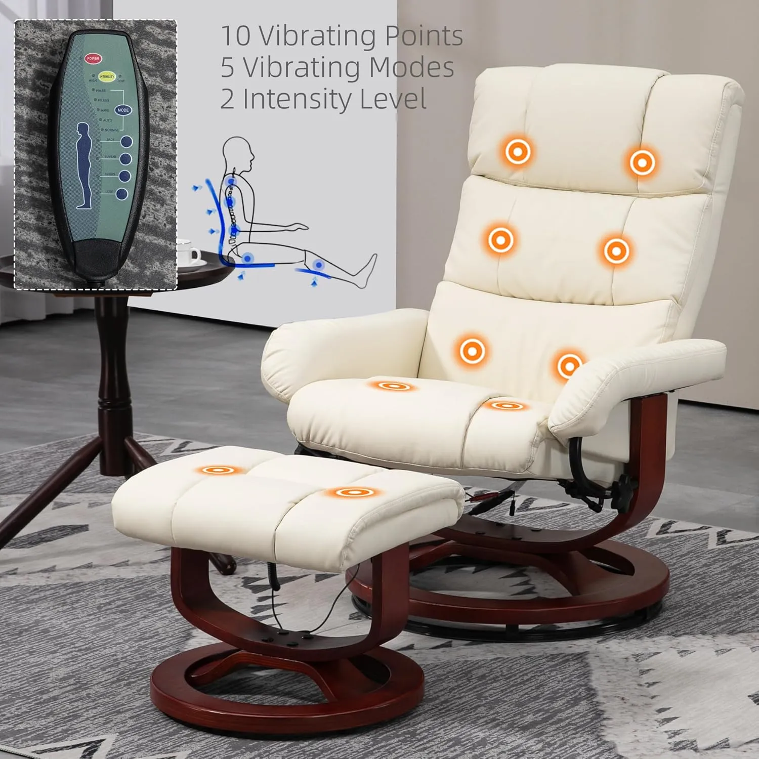 HOMCOM Massage Recliner Chair with Ottoman, Swivel Recliner and Footrest, Faux Leather Reclining Chair with Remote Control, 10 Vibration Point and Side Pocket, Cream White