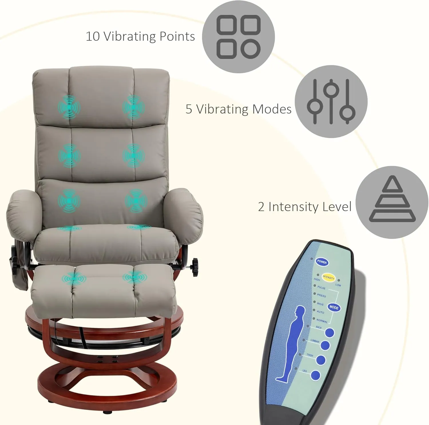 HOMCOM Massage Recliner Chair with Ottoman, Swivel Recliner and Footrest, Faux Leather Reclining Chair with Remote Control, 10 Vibration Point and Side Pocket, Gray