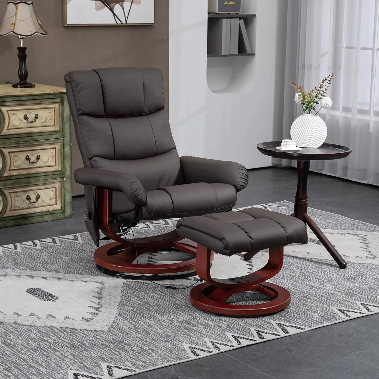 HOMCOM Massage Recliner Chair with Ottoman, Swivel Recliner and Footrest, Faux Leather Reclining Chair with Remote Control, 10 Vibration Points and Side Pocket, Brown