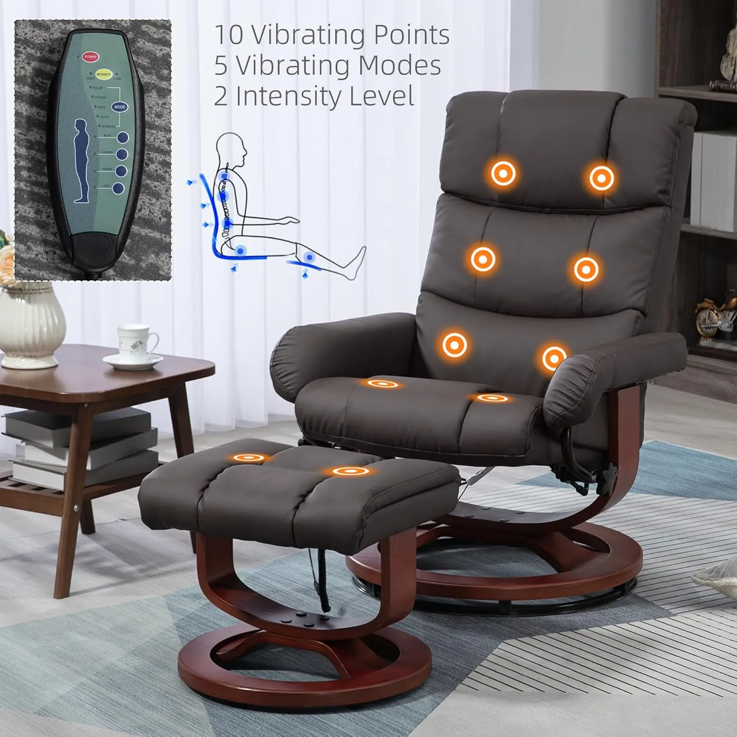 HOMCOM Massage Recliner Chair with Ottoman, Swivel Recliner and Footrest, Faux Leather Reclining Chair with Remote Control, 10 Vibration Points and Side Pocket, Brown