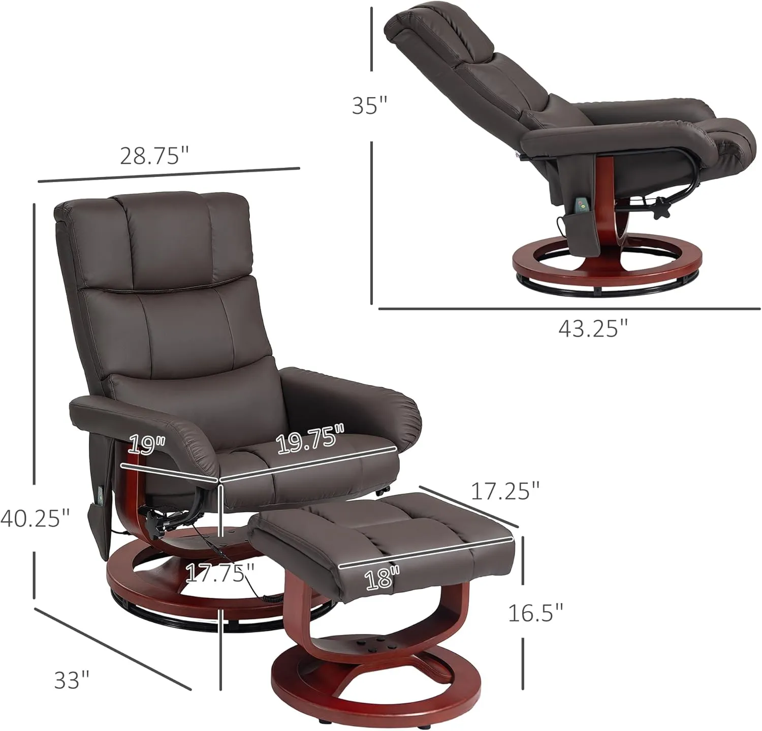 HOMCOM Massage Recliner Chair with Ottoman, Swivel Recliner and Footrest, Faux Leather Reclining Chair with Remote Control, 10 Vibration Points and Side Pocket, Brown