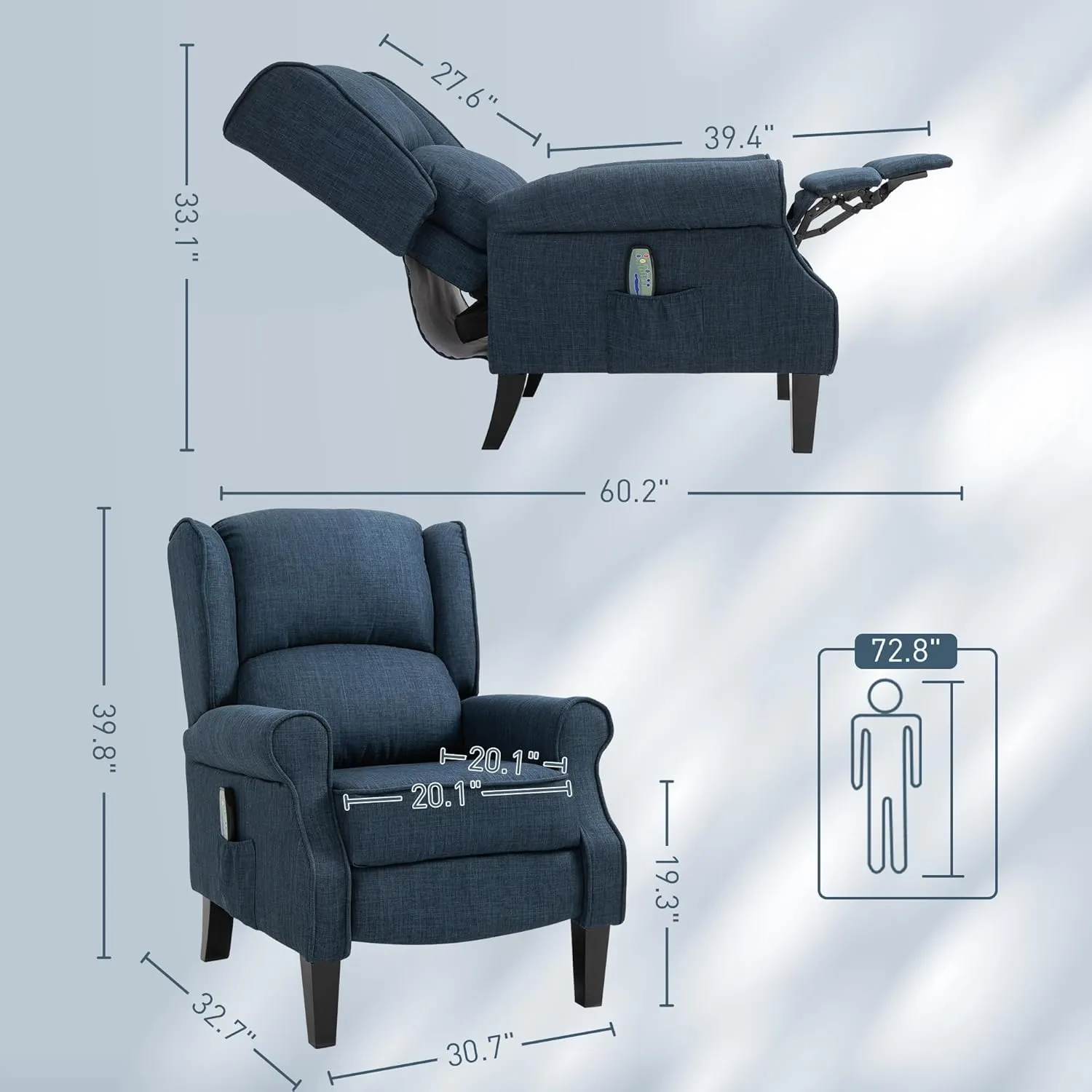 HOMCOM Vibration Massage Recliner Chair for Living Room with Heat, Wingback Single Sofa, Modern Linen Fabric Push Back Reclining Chair with Footrest, Side Pocket, Beige, Blue