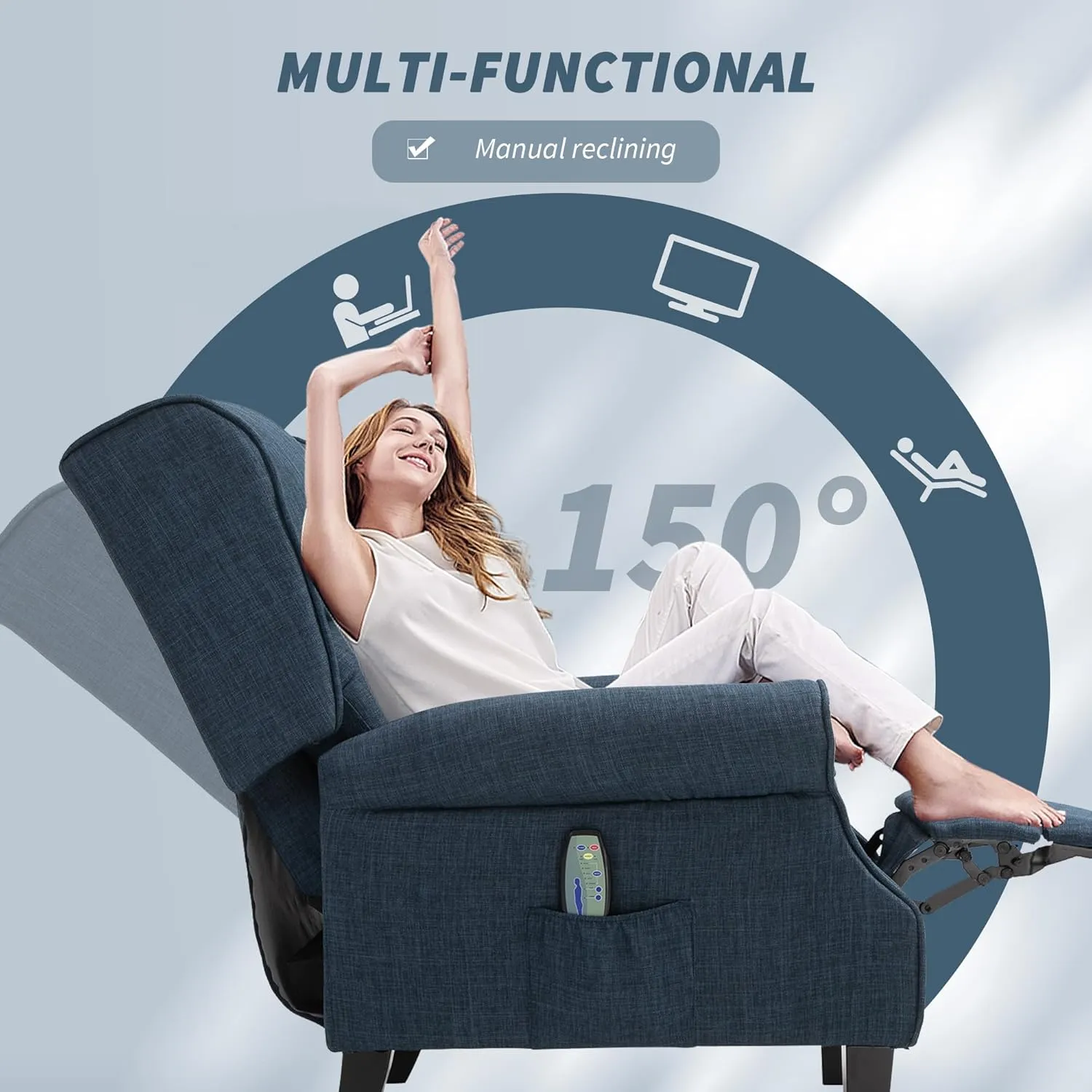 HOMCOM Vibration Massage Recliner Chair for Living Room with Heat, Wingback Single Sofa, Modern Linen Fabric Push Back Reclining Chair with Footrest, Side Pocket, Beige, Blue