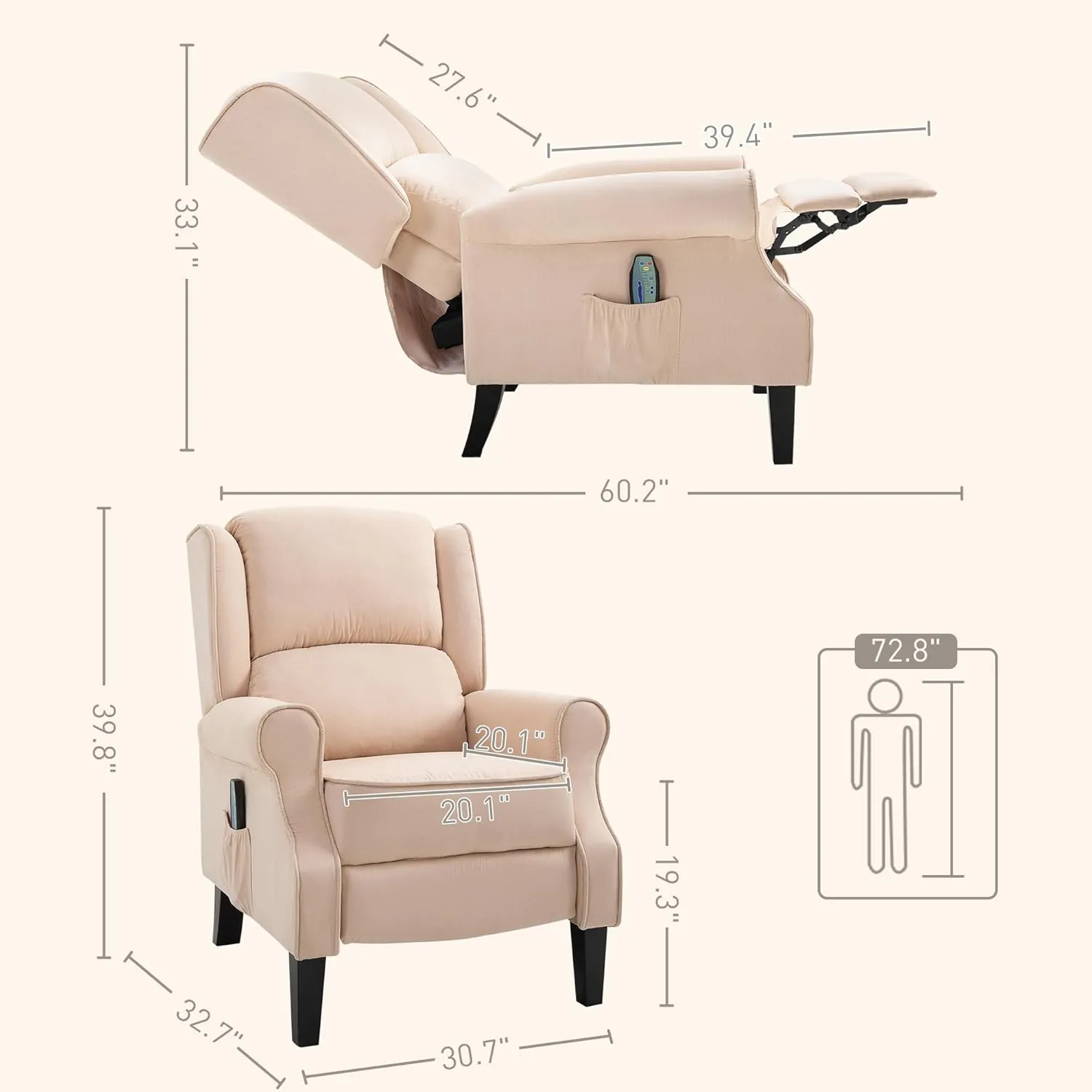 HOMCOM Vibration Massage Recliner Chair for Living Room with Heat, Wingback Single Sofa, Modern Suede Fabric Push Back Reclining Chair with Footrest, Side Pocket, Beige