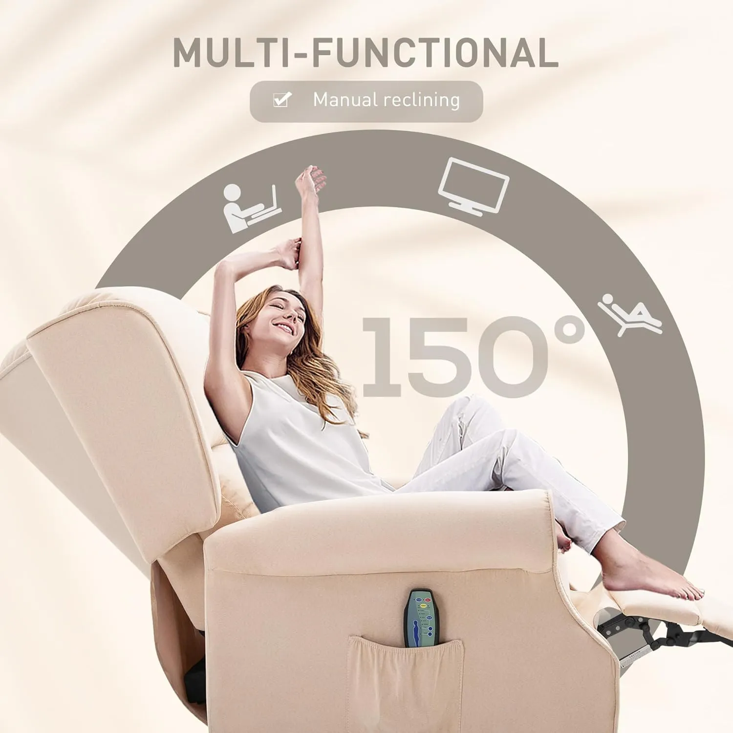 HOMCOM Vibration Massage Recliner Chair for Living Room with Heat, Wingback Single Sofa, Modern Suede Fabric Push Back Reclining Chair with Footrest, Side Pocket, Beige