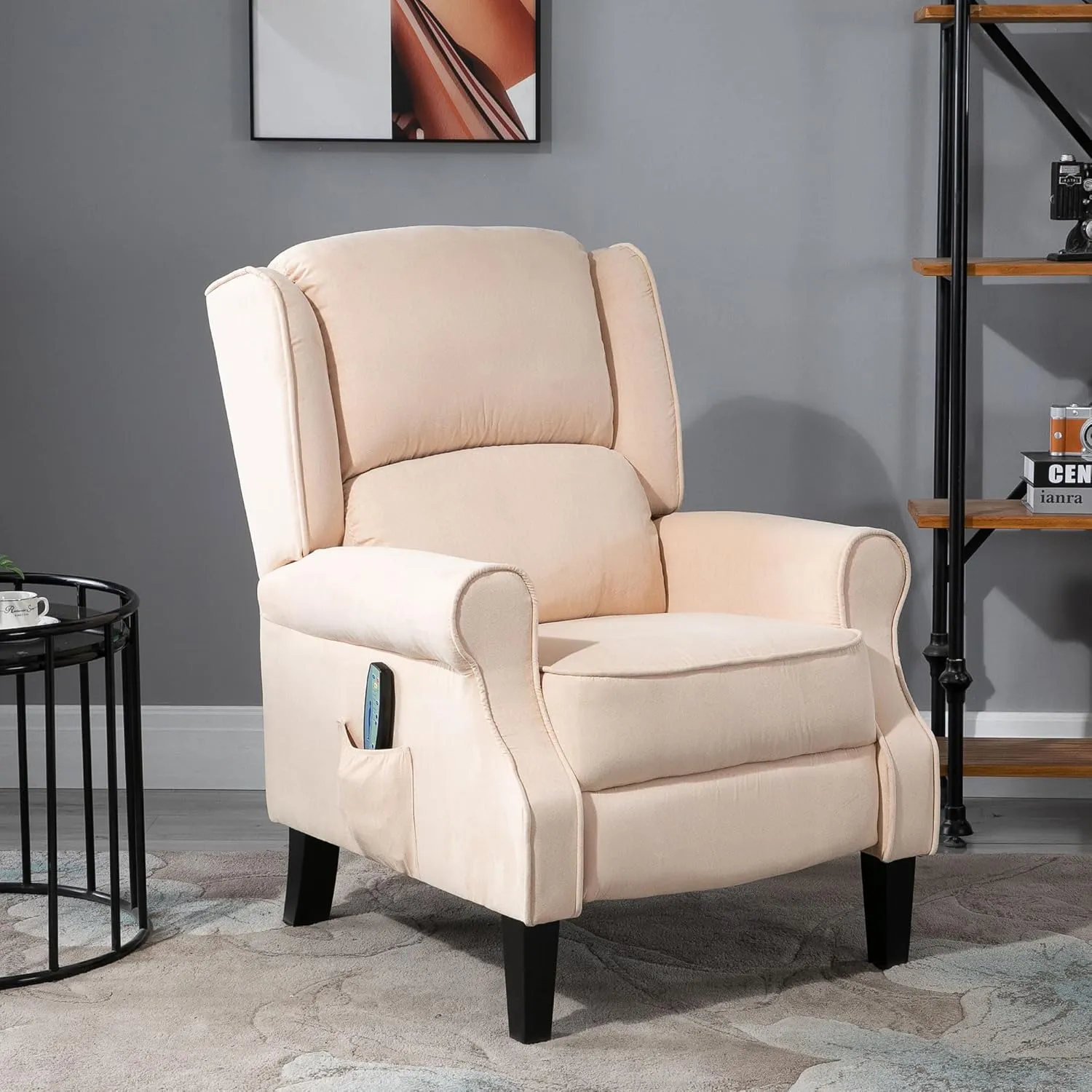 HOMCOM Vibration Massage Recliner Chair for Living Room with Heat, Wingback Single Sofa, Modern Suede Fabric Push Back Reclining Chair with Footrest, Side Pocket, Beige