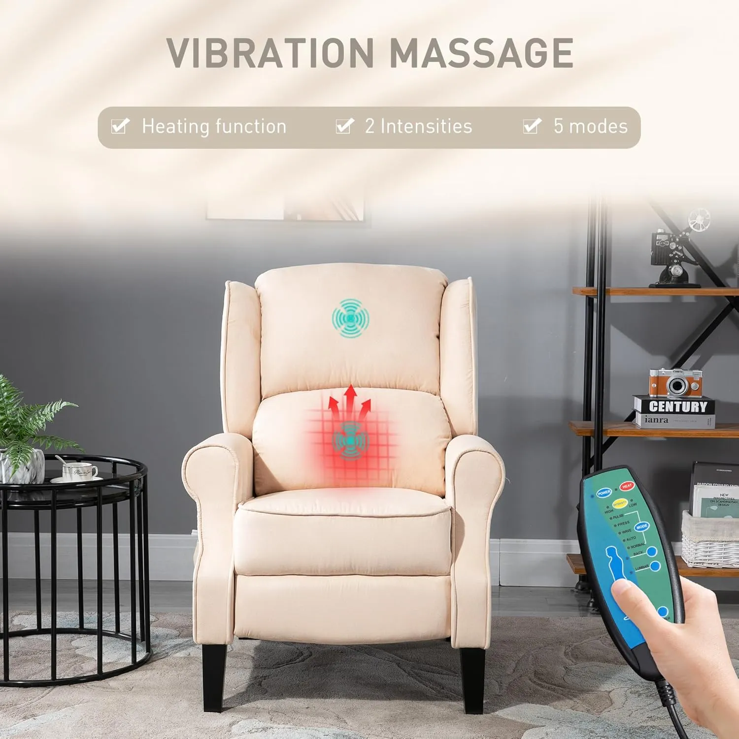 HOMCOM Vibration Massage Recliner Chair for Living Room with Heat, Wingback Single Sofa, Modern Suede Fabric Push Back Reclining Chair with Footrest, Side Pocket, Beige