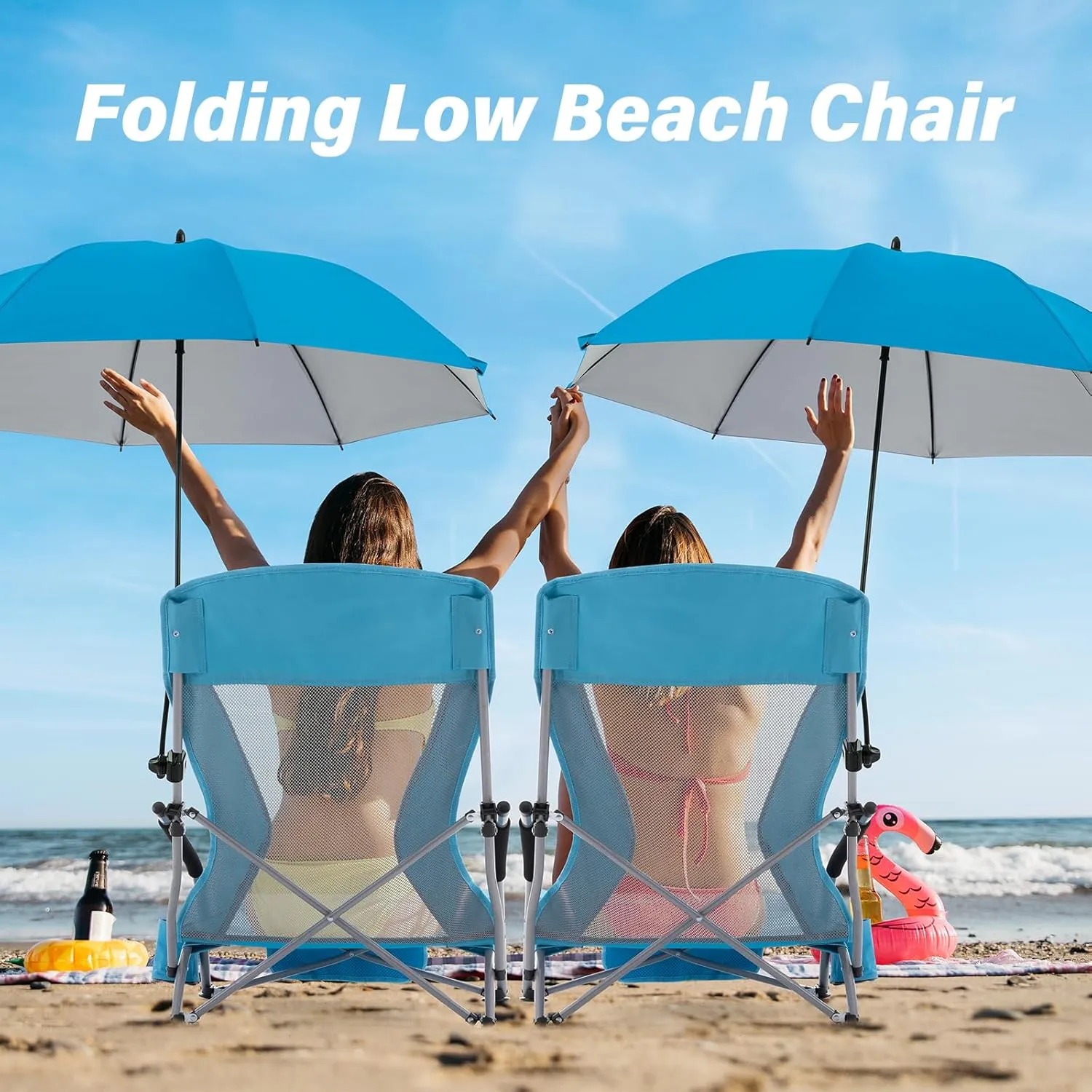 Homcosan Portable Low Folding Beach Chairs Set of 2 with Detachable Umbrellas - Lightweight Camping Chairs for Adults with Cup Holder & Storage Pockets, Carry Bag Included (Blue)