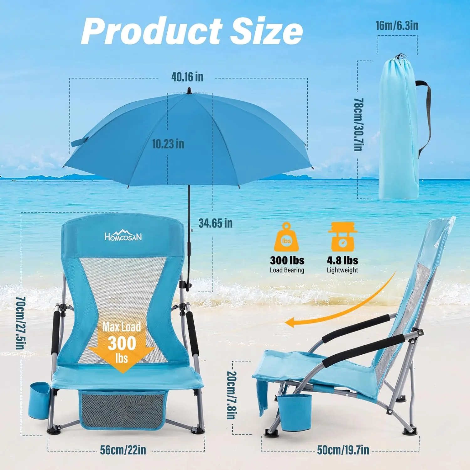 Homcosan Portable Low Folding Beach Chairs Set of 2 with Detachable Umbrellas - Lightweight Camping Chairs for Adults with Cup Holder & Storage Pockets, Carry Bag Included (Blue)