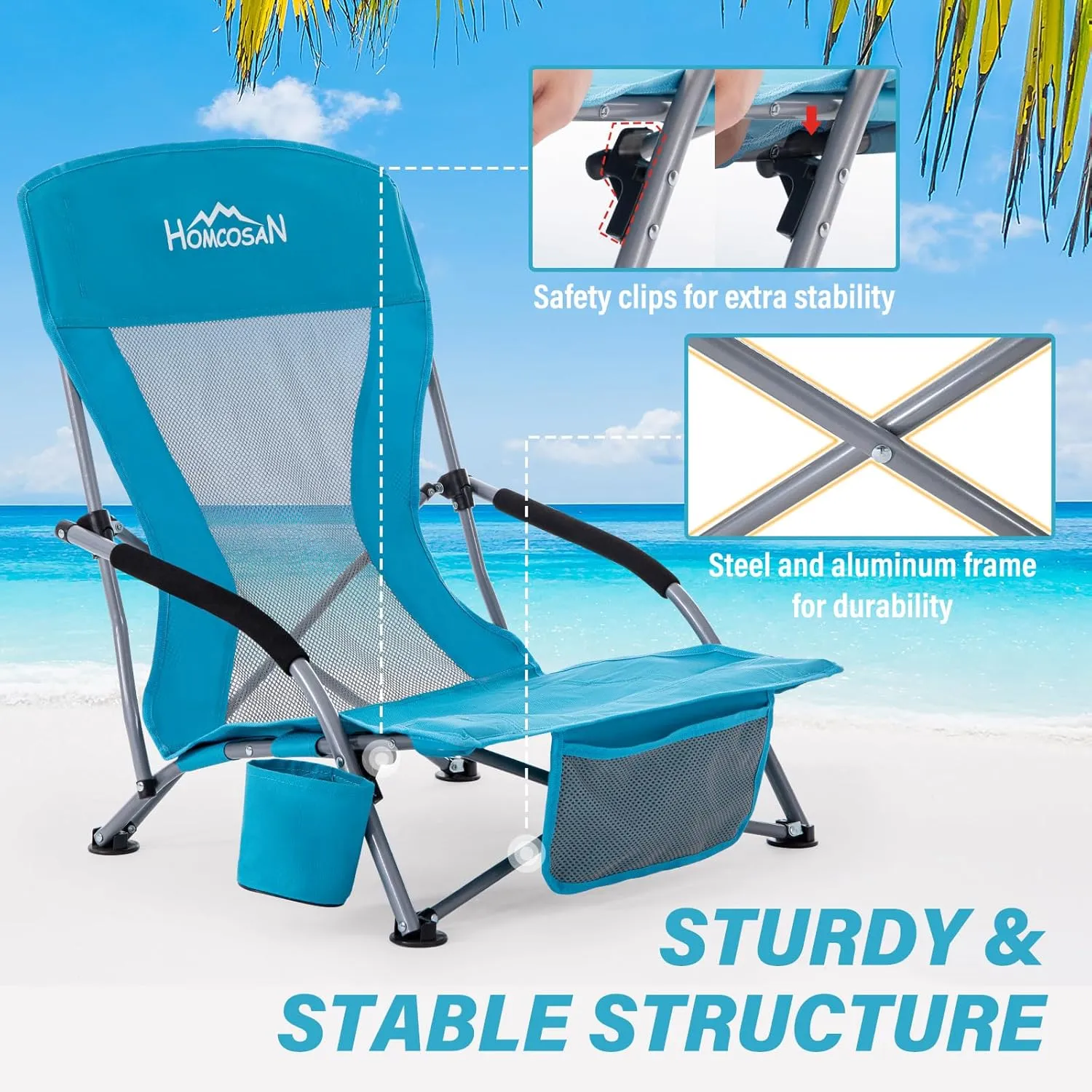 Homcosan Portable Low Folding Beach Chairs Set of 2 with Detachable Umbrellas - Lightweight Camping Chairs for Adults with Cup Holder & Storage Pockets, Carry Bag Included (Blue)