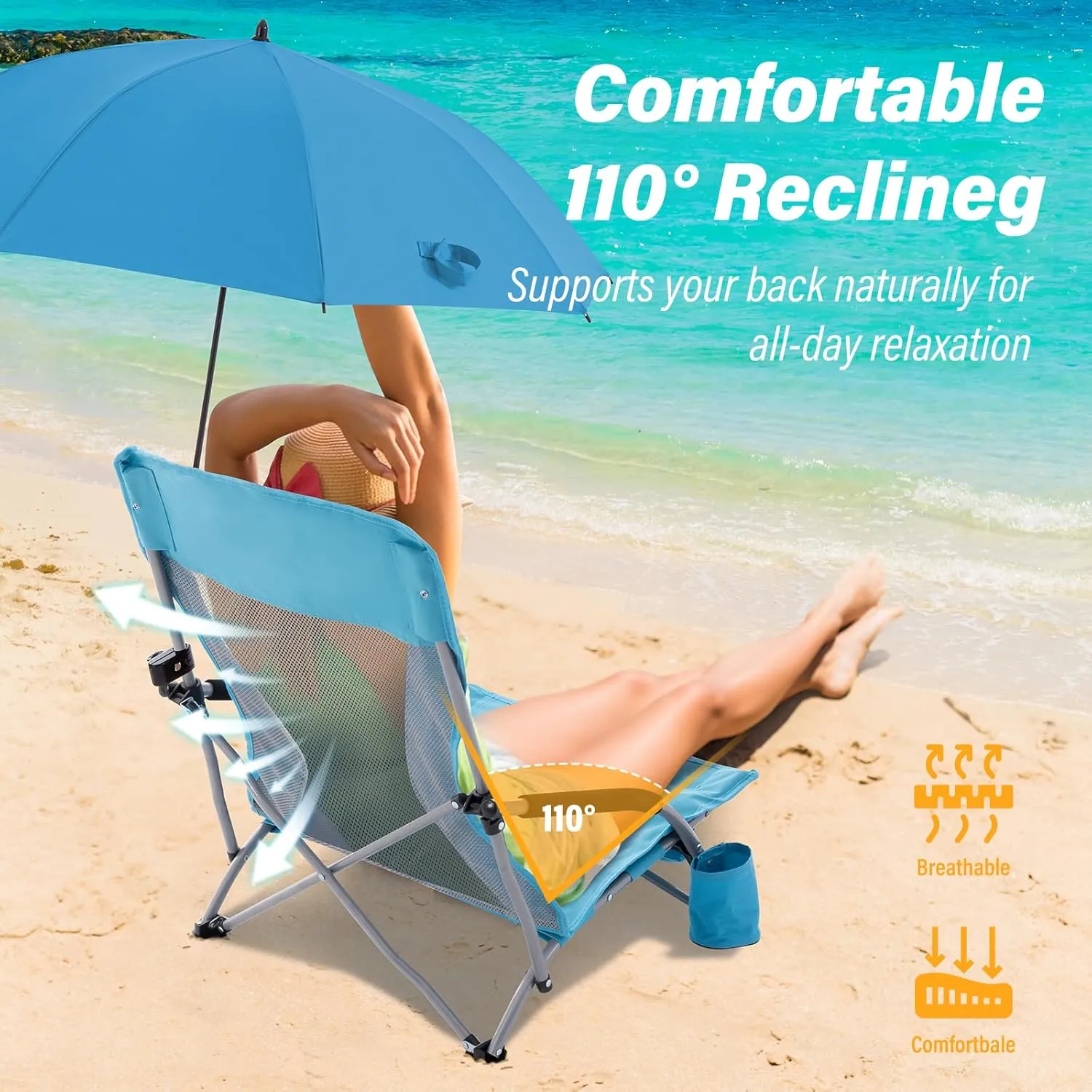 Homcosan Portable Low Folding Beach Chairs Set of 2 with Detachable Umbrellas - Lightweight Camping Chairs for Adults with Cup Holder & Storage Pockets, Carry Bag Included (Blue)