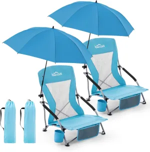 Homcosan Portable Low Folding Beach Chairs Set of 2 with Detachable Umbrellas - Lightweight Camping Chairs for Adults with Cup Holder & Storage Pockets, Carry Bag Included (Blue)