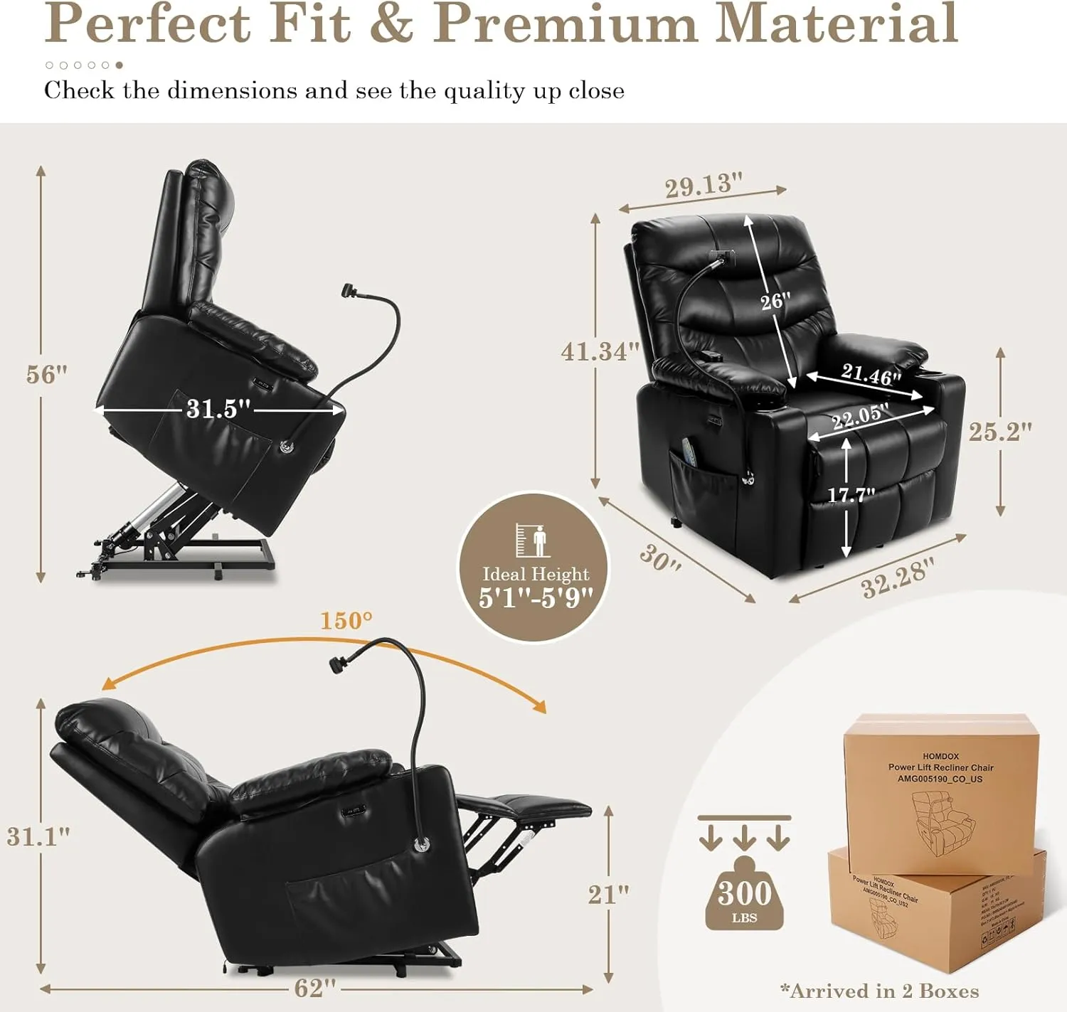 Homdox Power Lift Recliner Chair for Elderly, Electric Lift Chair with Assist Function and Heated Vibration Massage, Heavy Duty Remote Control Reclining Sofa with Phone Holder for Living Room (Black)