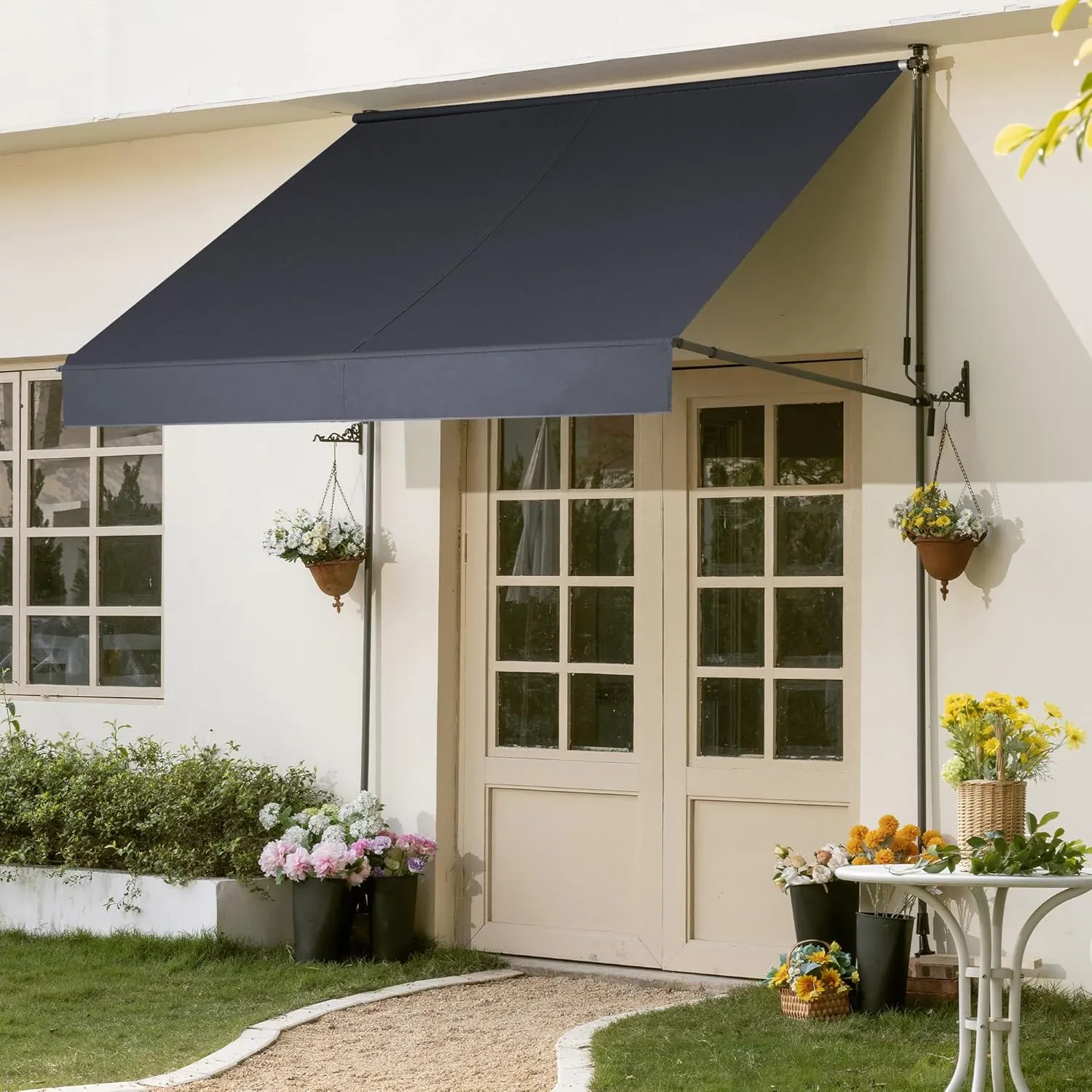 HOMEDEMO Manual Retractable Awning 59"x118" Patio Awning Retractable Outdoor Sunshade Shelter Polyester Height Adjustable Sunsetter Retractable Awning UV Protection for Backyard Garden Balcony Gray