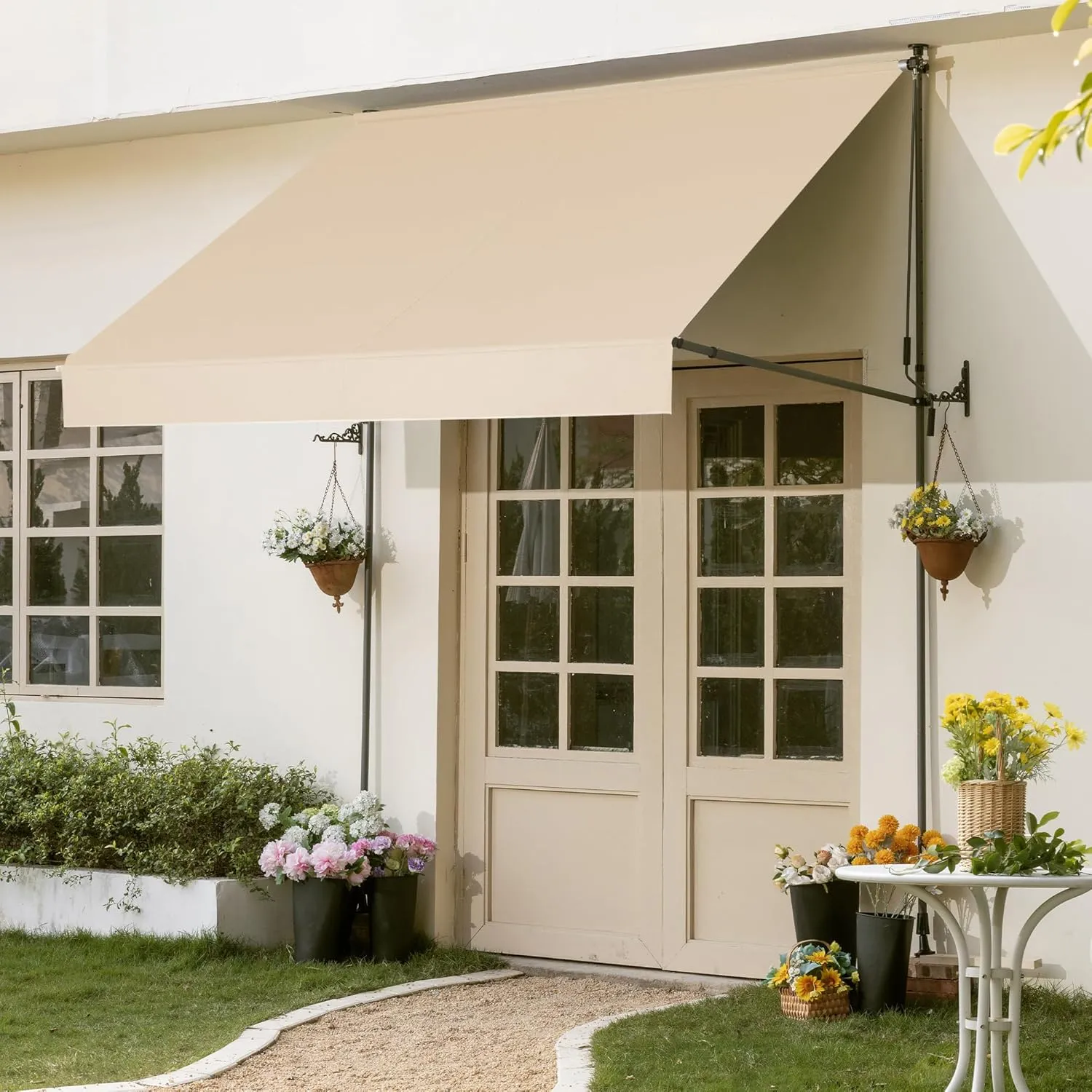 HOMEDEMO Manual Retractable Awning 79"x118" Patio Awning Retractable Outdoor Sunshade Shelter Polyester Height Adjustable Sunsetter Retractable Awning UV Protection for Backyard Garden Balcony Beige