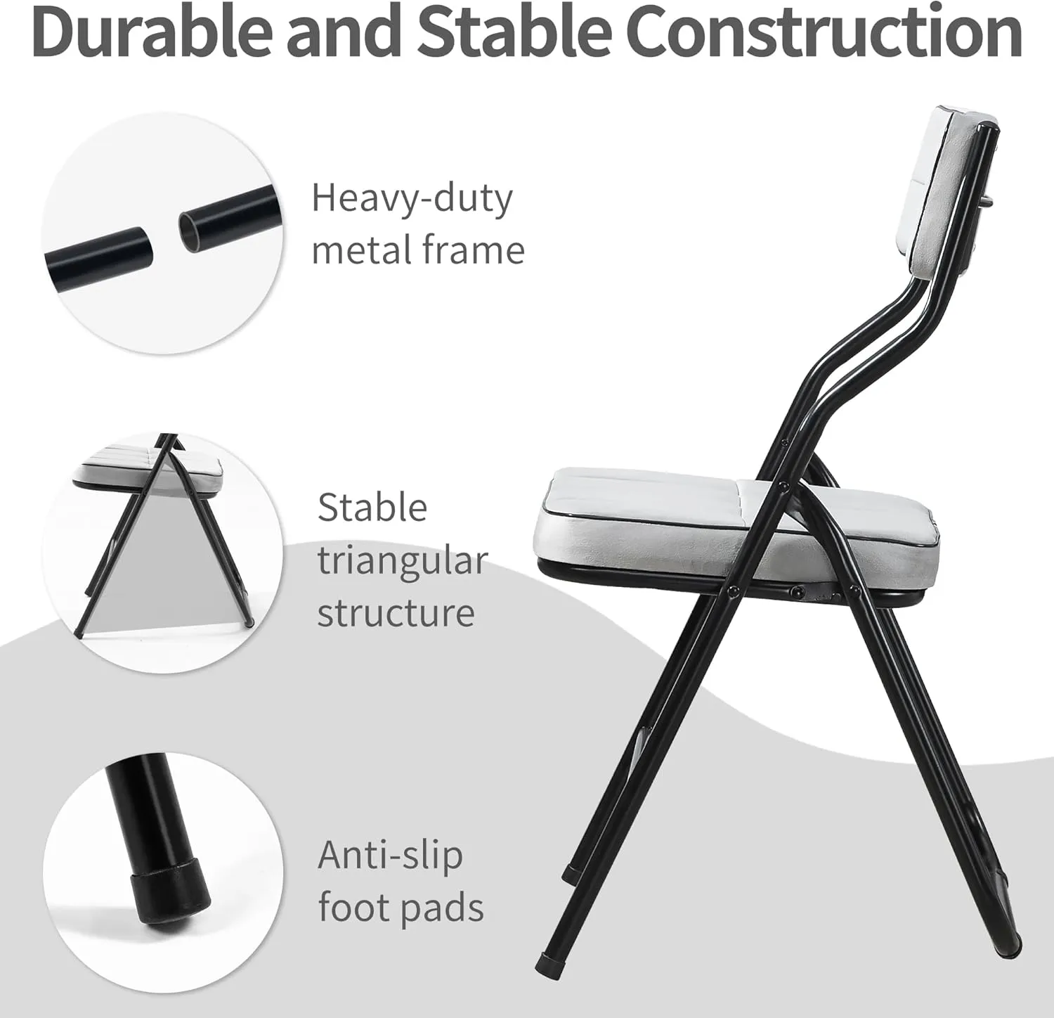 HOMEFUN Padded Folding Chairs 4 Pack - Foldable Dining Chair with Cushion, Portable and Assembled Extra Seat for Guests Kitchen Office Wedding Party Gray
