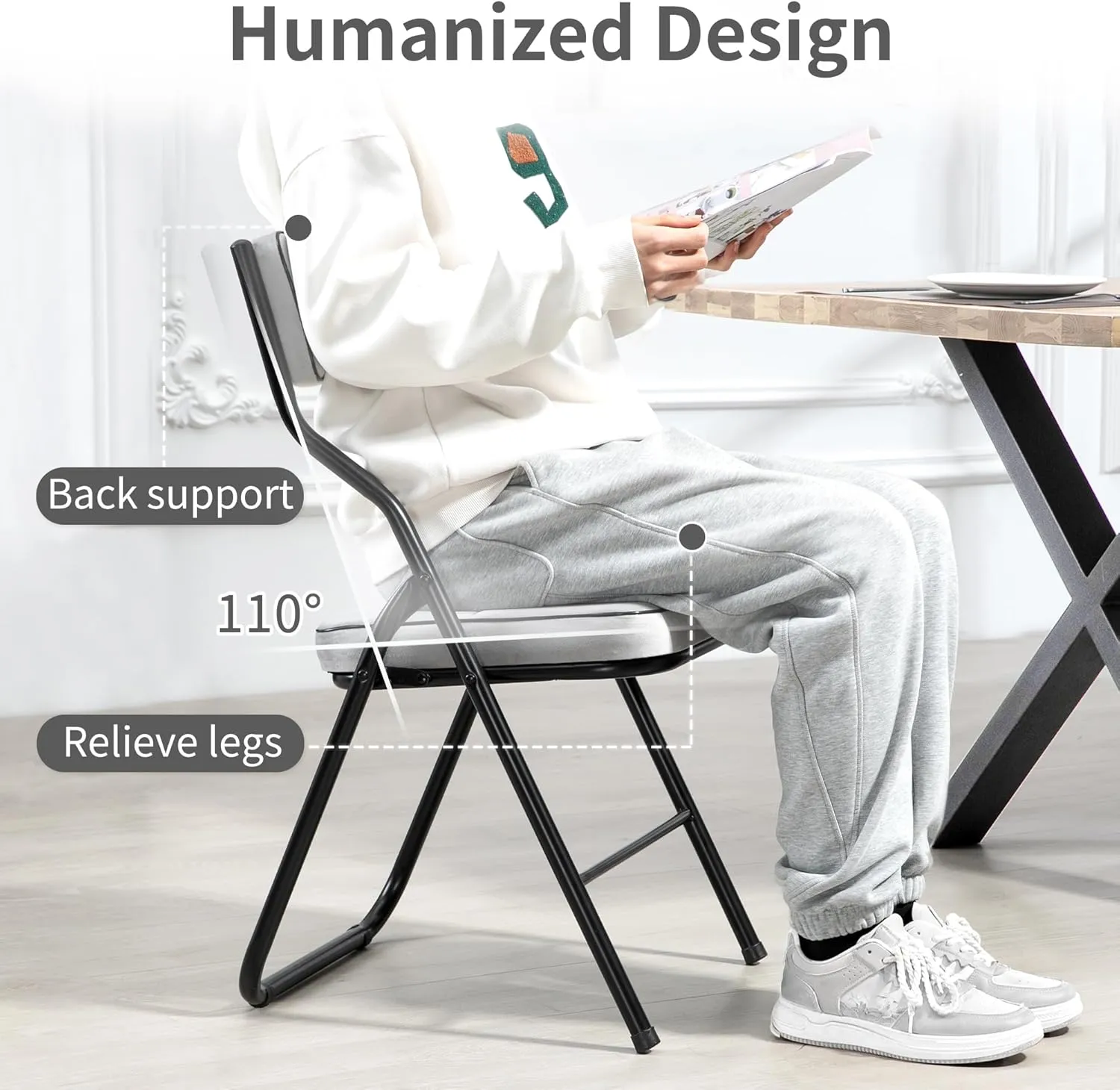 HOMEFUN Padded Folding Chairs 4 Pack - Foldable Dining Chair with Cushion, Portable and Assembled Extra Seat for Guests Kitchen Office Wedding Party Gray