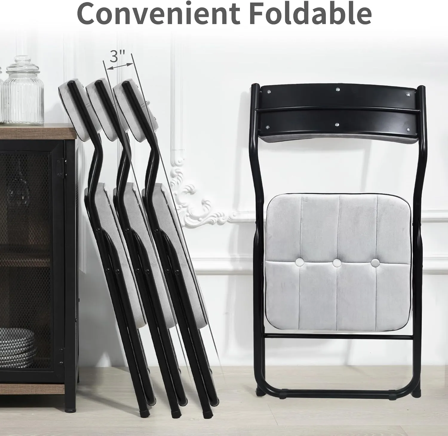 HOMEFUN Padded Folding Chairs 4 Pack - Foldable Dining Chair with Cushion, Portable and Assembled Extra Seat for Guests Kitchen Office Wedding Party Gray