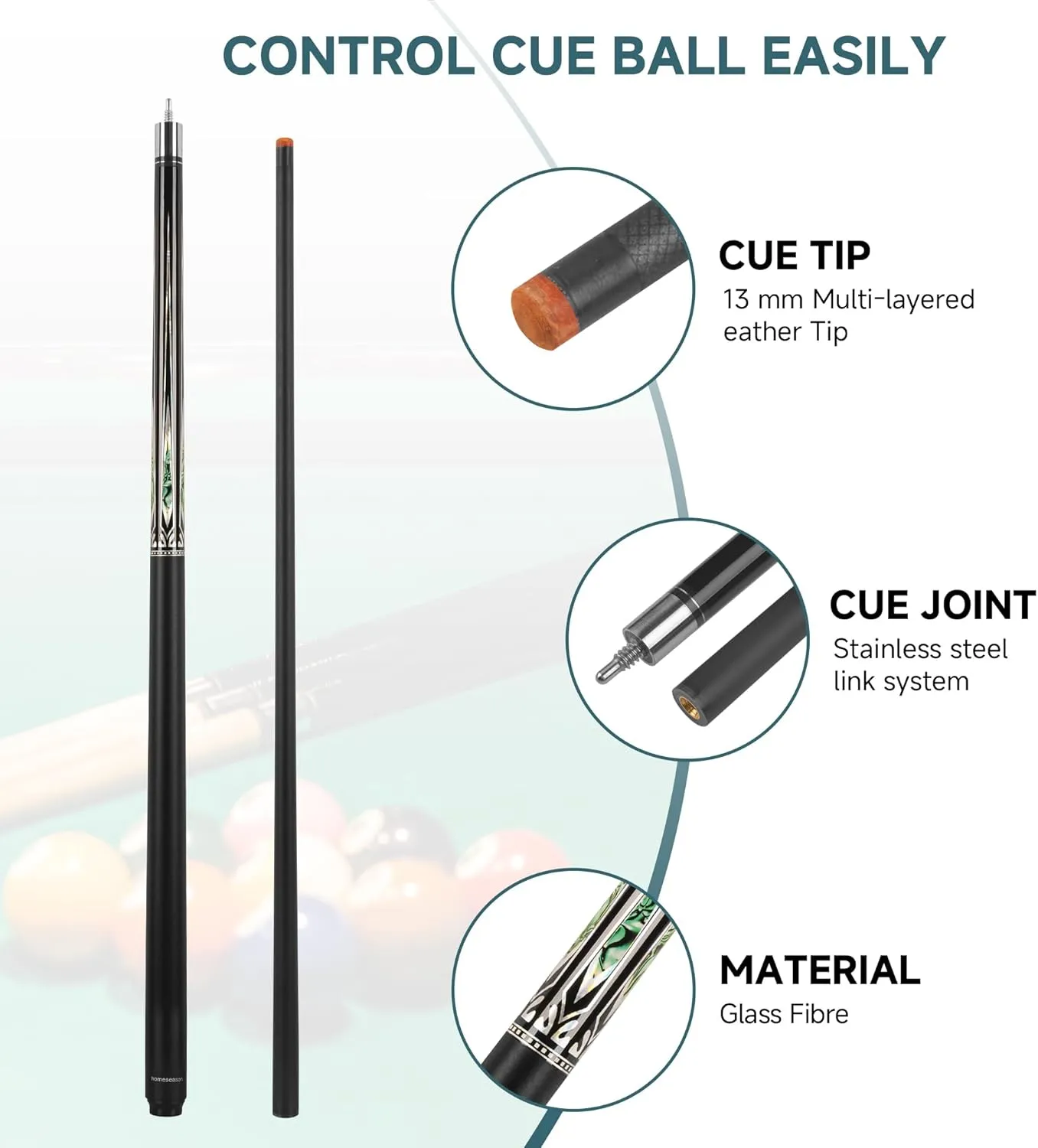 HomeSeason Glass Fibre Pool Cue Stick 58" Billiard Cue Sticks Professional Low Deflection Pool Sticks