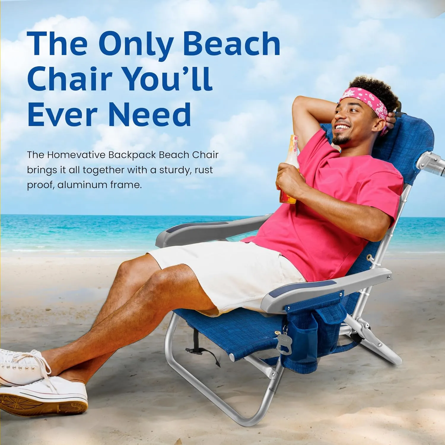 Homevative Backpack Fold-Up Beach Chair, 5 Positions, Towel bar, Cooler, Storage Pouch, Cup Holder and Phone Pocket