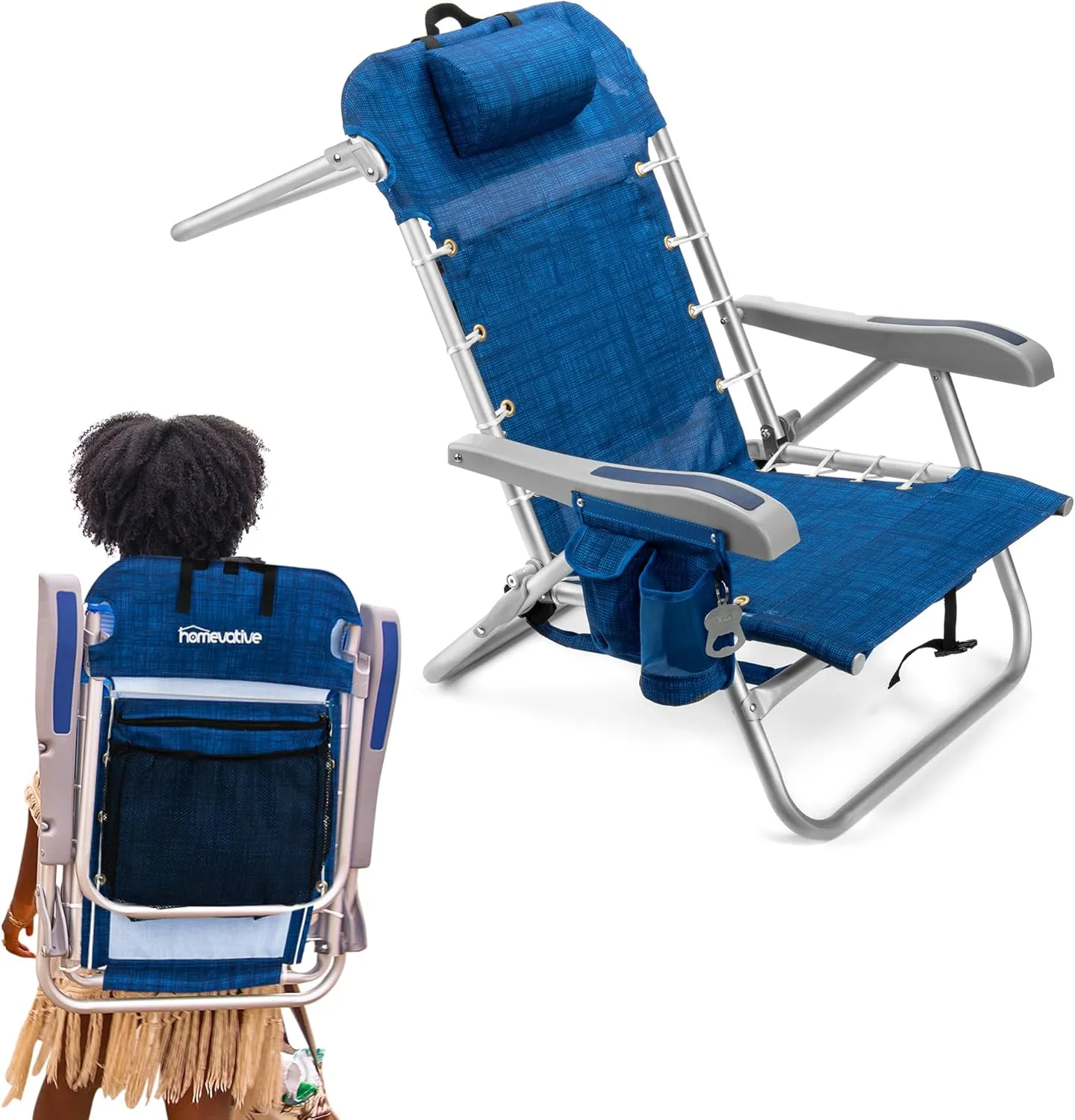 Homevative Backpack Fold-Up Beach Chair, 5 Positions, Towel bar, Cooler, Storage Pouch, Cup Holder and Phone Pocket