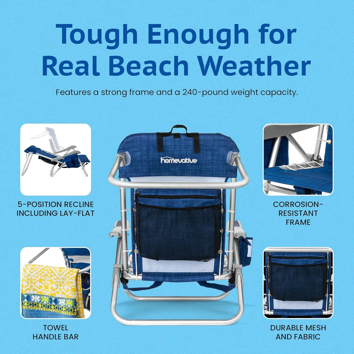 Homevative Backpack Fold-Up Beach Chair, 5 Positions, Towel bar, Cooler, Storage Pouch, Cup Holder and Phone Pocket
