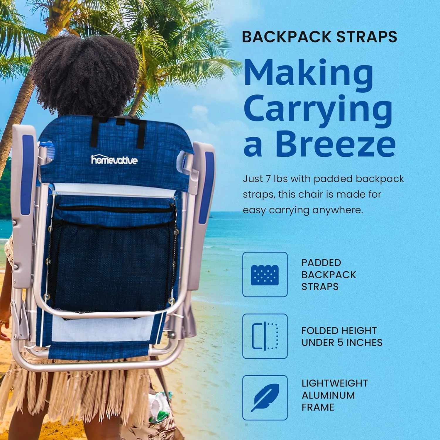Homevative Backpack Fold-Up Beach Chair, 5 Positions, Towel bar, Cooler, Storage Pouch, Cup Holder and Phone Pocket