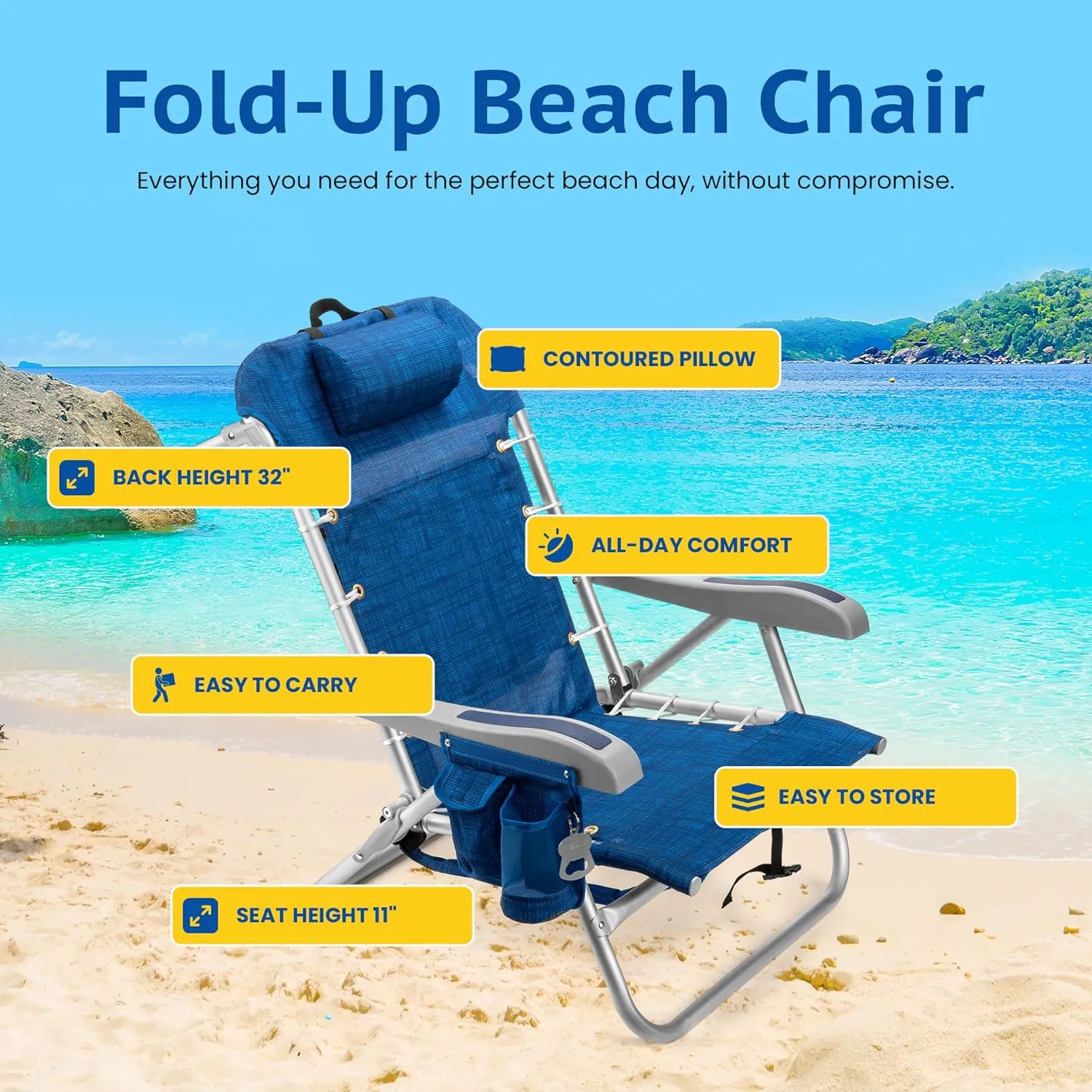Homevative Backpack Fold-Up Beach Chair, 5 Positions, Towel bar, Cooler, Storage Pouch, Cup Holder and Phone Pocket