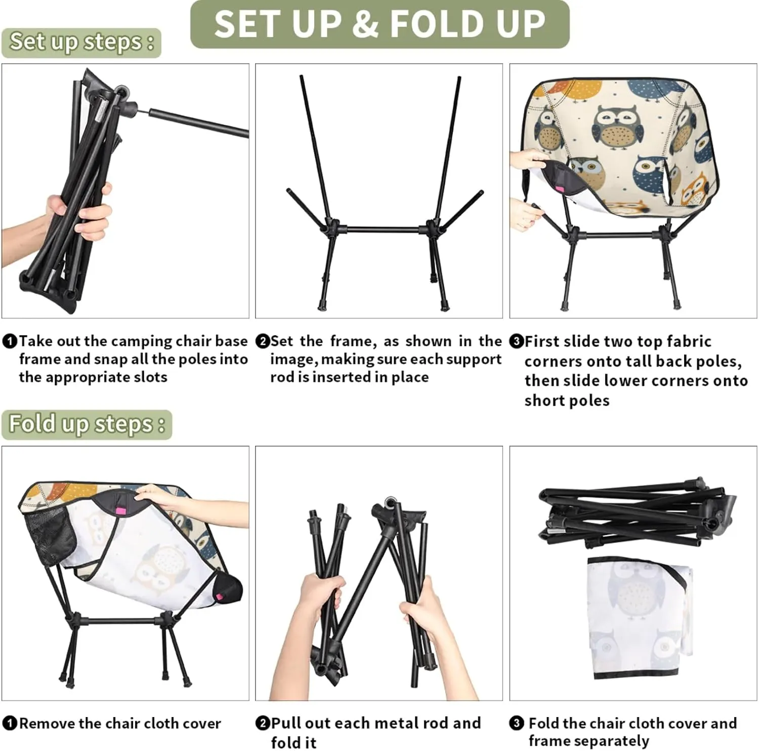 Honeybaby Folding Camping Chair Cartoon Owls Camping Chairs Lightweight Portable Chair Outdoor Foldable Chairs for Camping Travel Picnic Beach Hiking