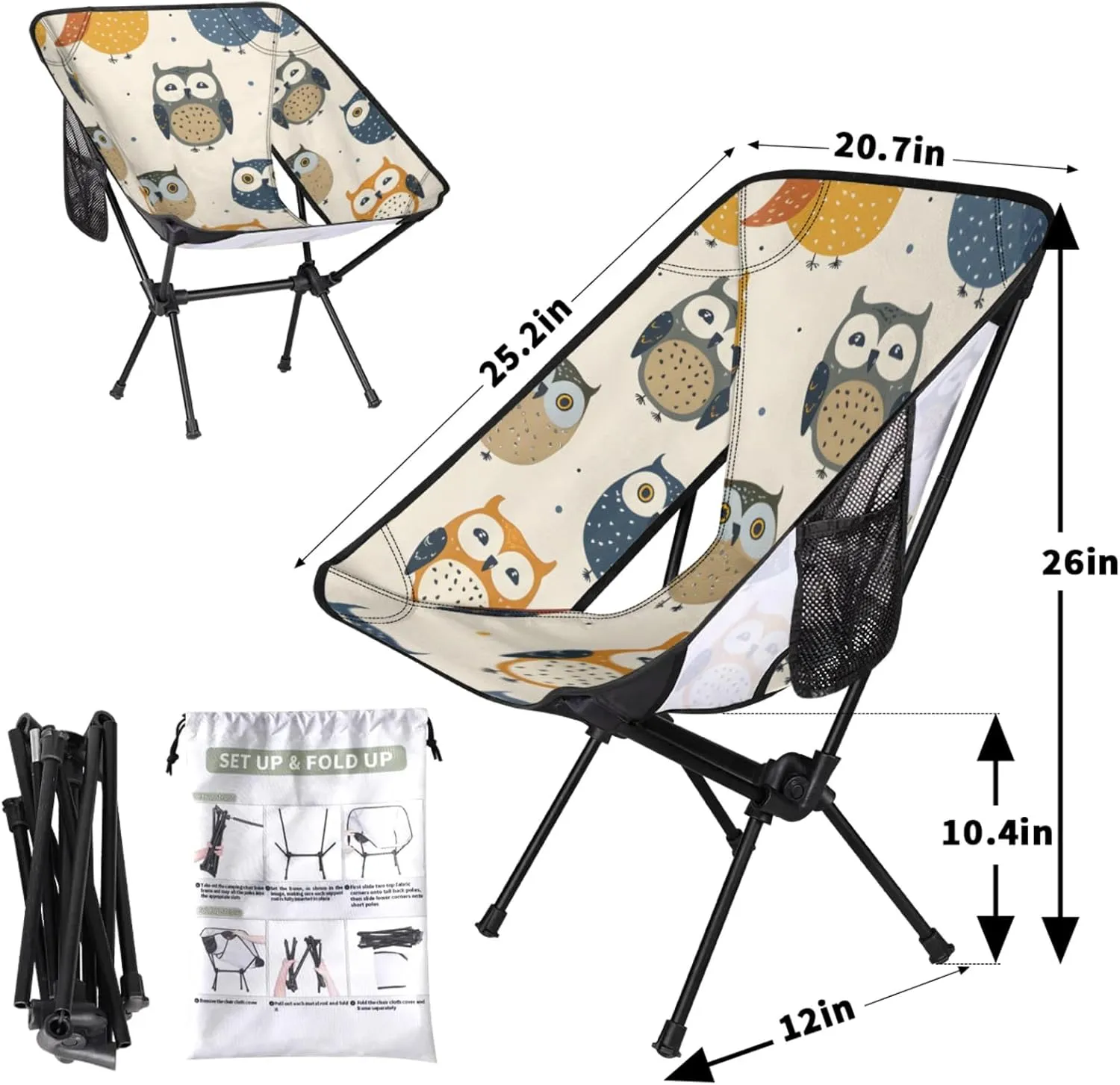 Honeybaby Folding Camping Chair Cartoon Owls Camping Chairs Lightweight Portable Chair Outdoor Foldable Chairs for Camping Travel Picnic Beach Hiking