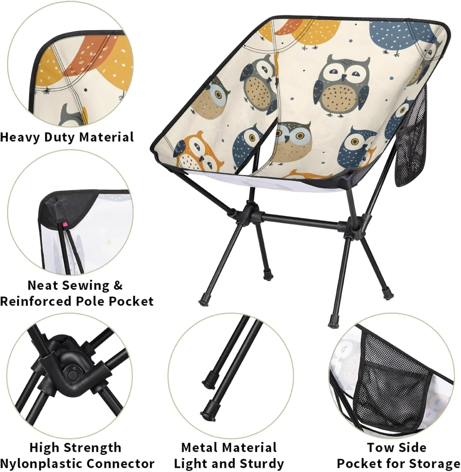 Honeybaby Folding Camping Chair Cartoon Owls Camping Chairs Lightweight Portable Chair Outdoor Foldable Chairs for Camping Travel Picnic Beach Hiking